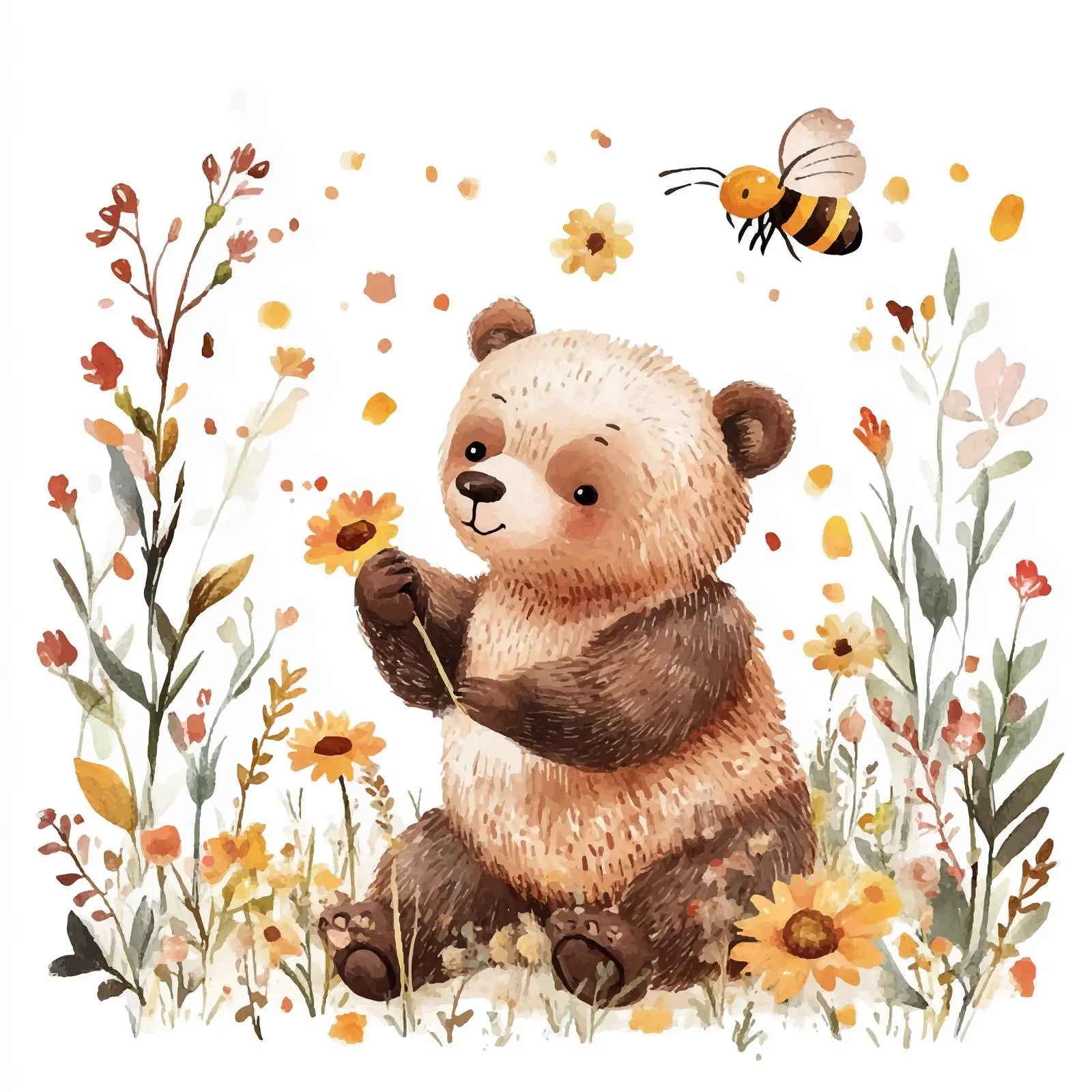 Cute Bear and Bee with Flowers Vector — free download from Dotvec