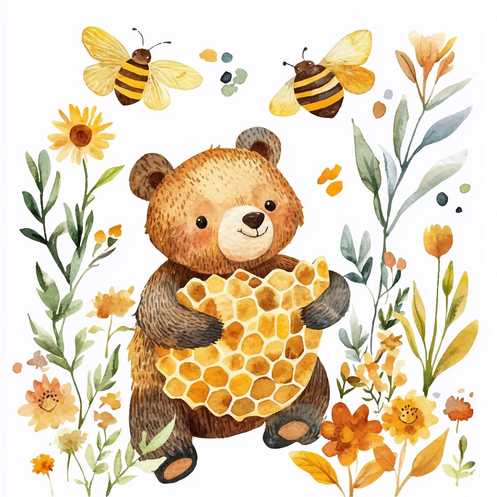 Cute Bear with Bees and Flowers Illustration — free download from Dotvec