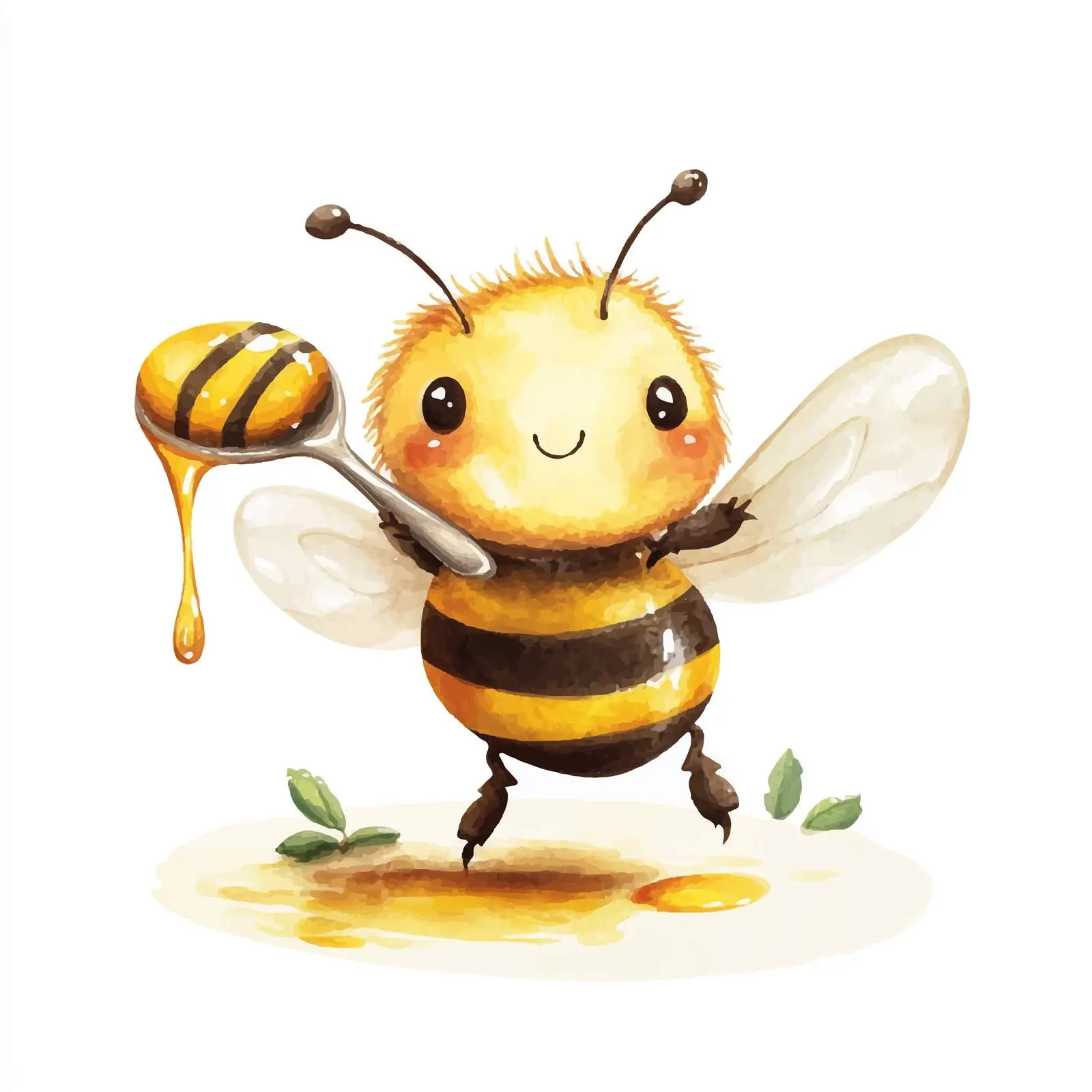 Cute Bee with Honey Spoon Watercolor Vector – free transparent background image from Dotvec