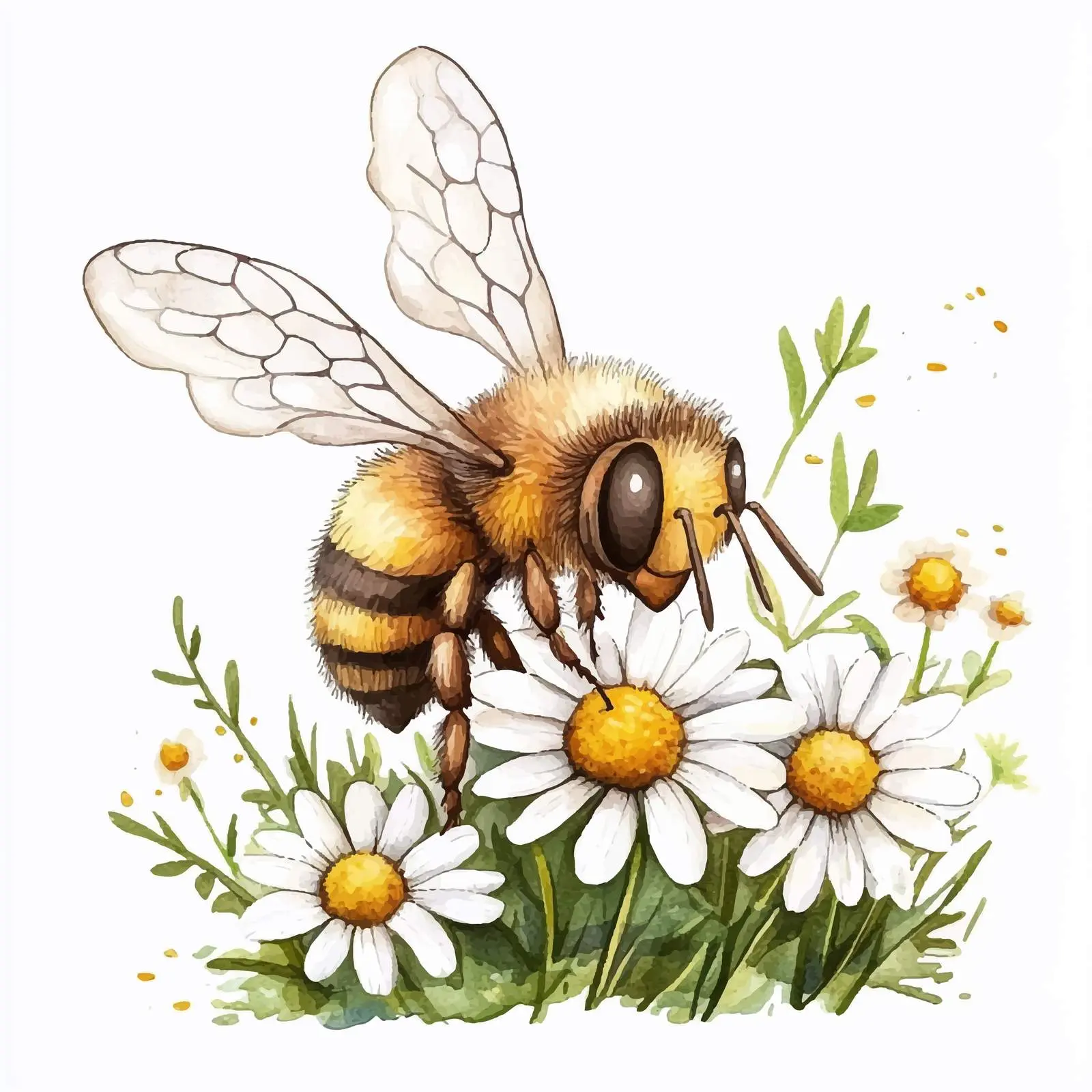 Cute Bee with Daisies Watercolor Illustration — free download from Dotvec
