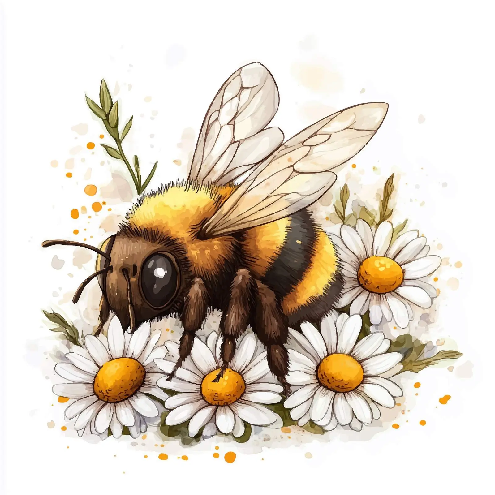 Cute Bee Sitting in Daisy Bouquet Watercolor – free ecology image from Dotvec