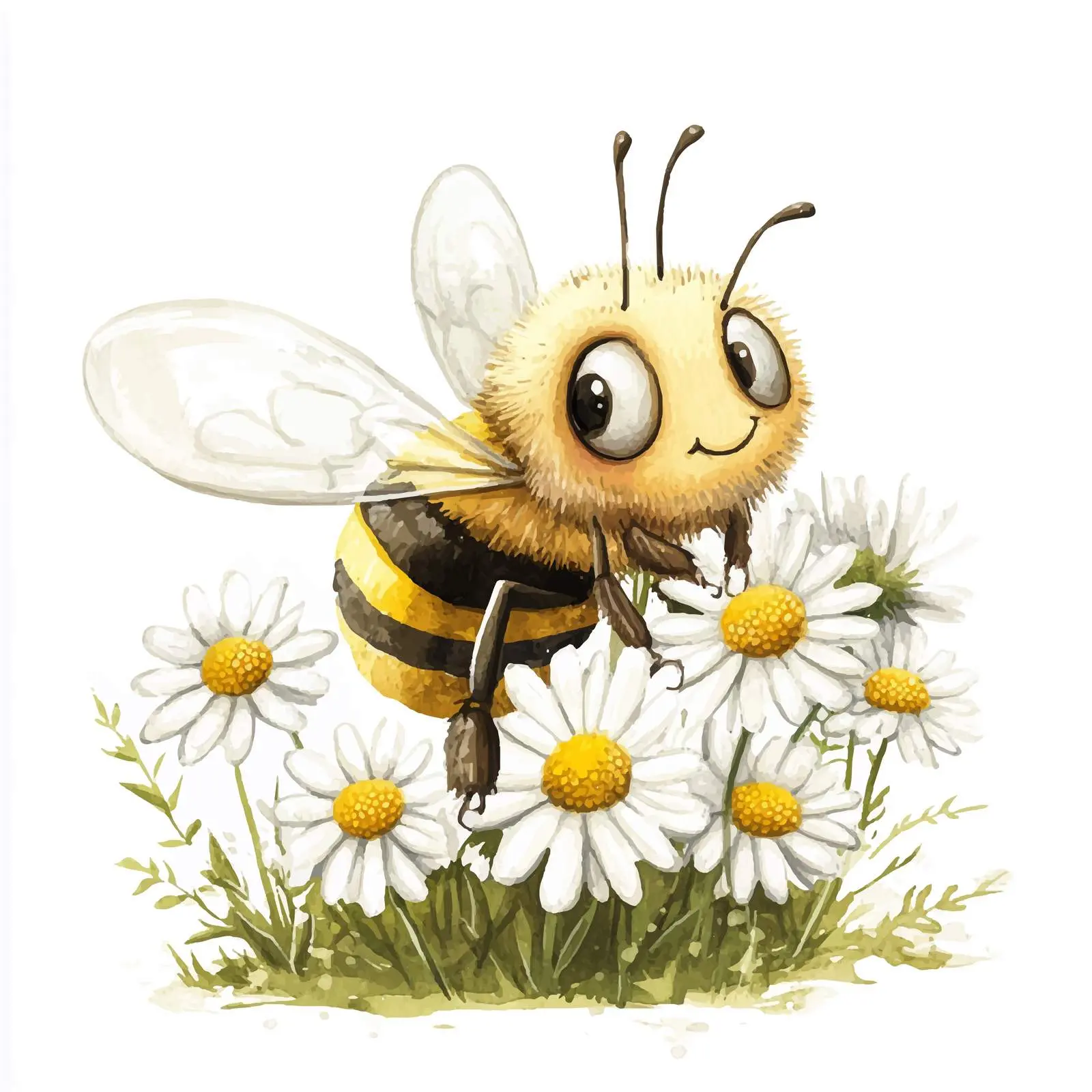 Cute Bee with Daisies Watercolor Vector Art — free download from Dotvec