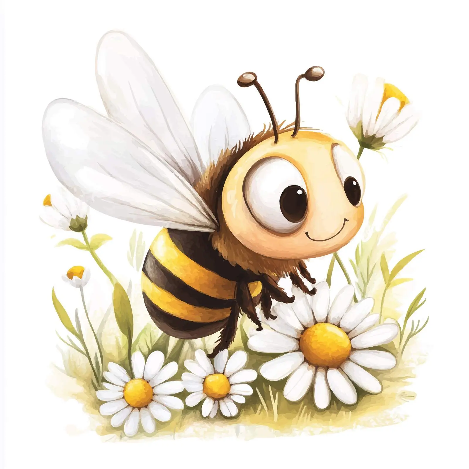 Cute Bee with Daisies Watercolor Illustration — free download from Dotvec