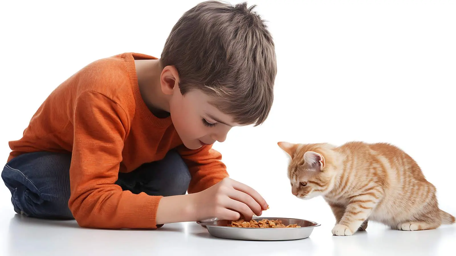 Boy Petting Cat While Eating on White Background — free download from Dotvec