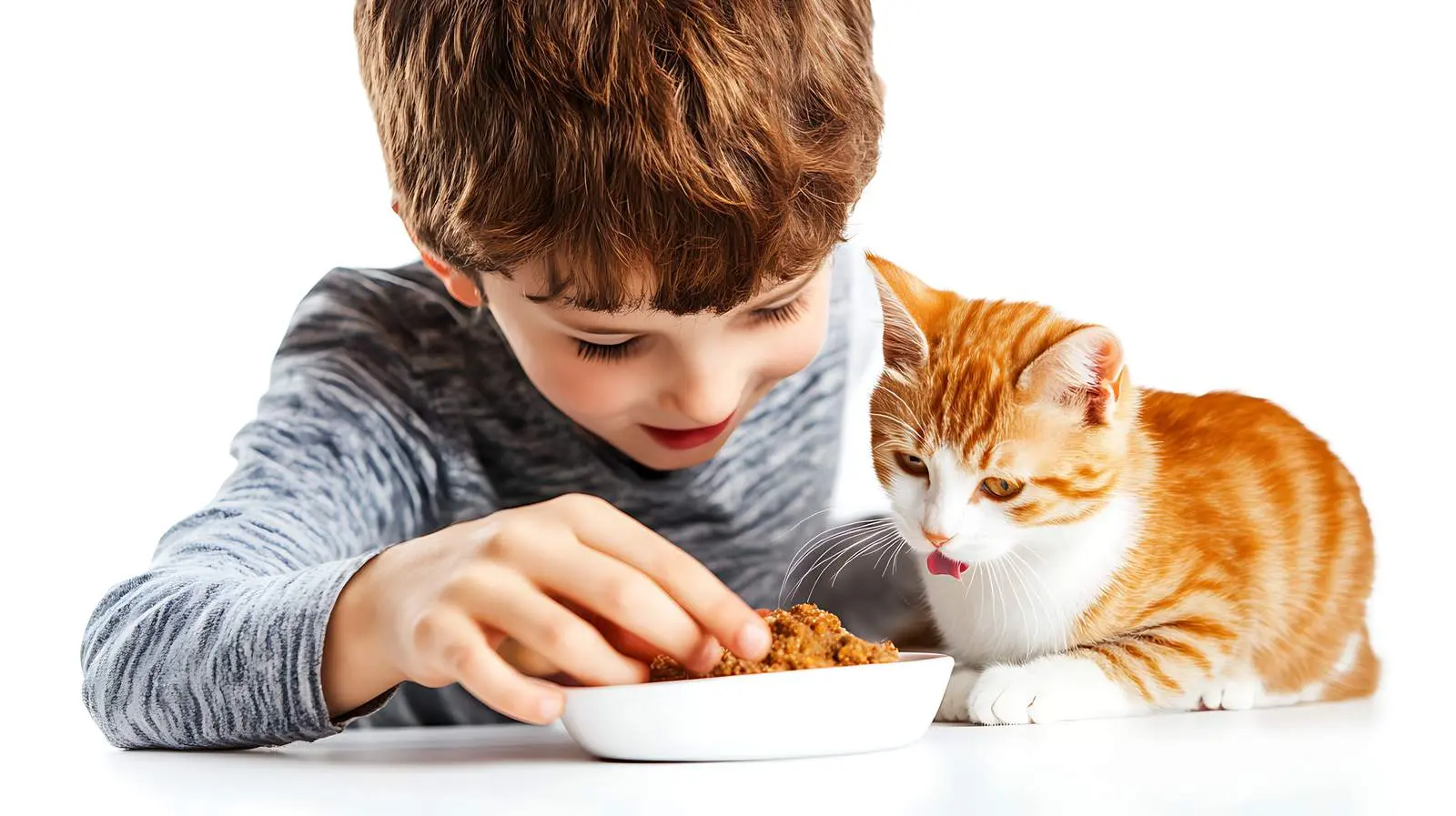 Boy Petting Cat While Eating on White Background — free download from Dotvec