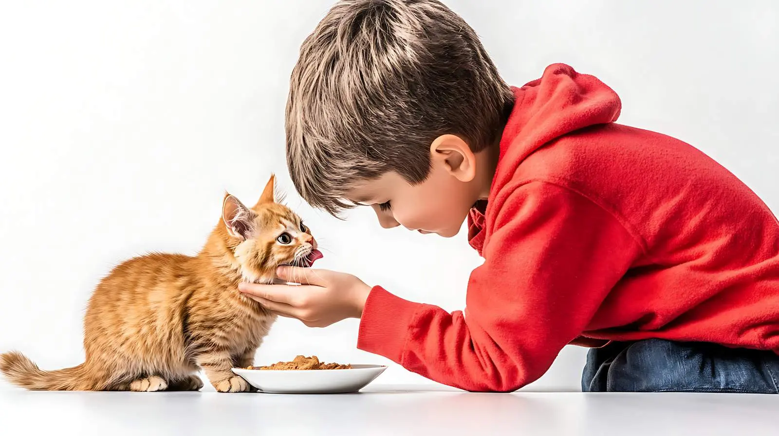 Cute Boy Feeding Cat on White Background – free caring image from Dotvec