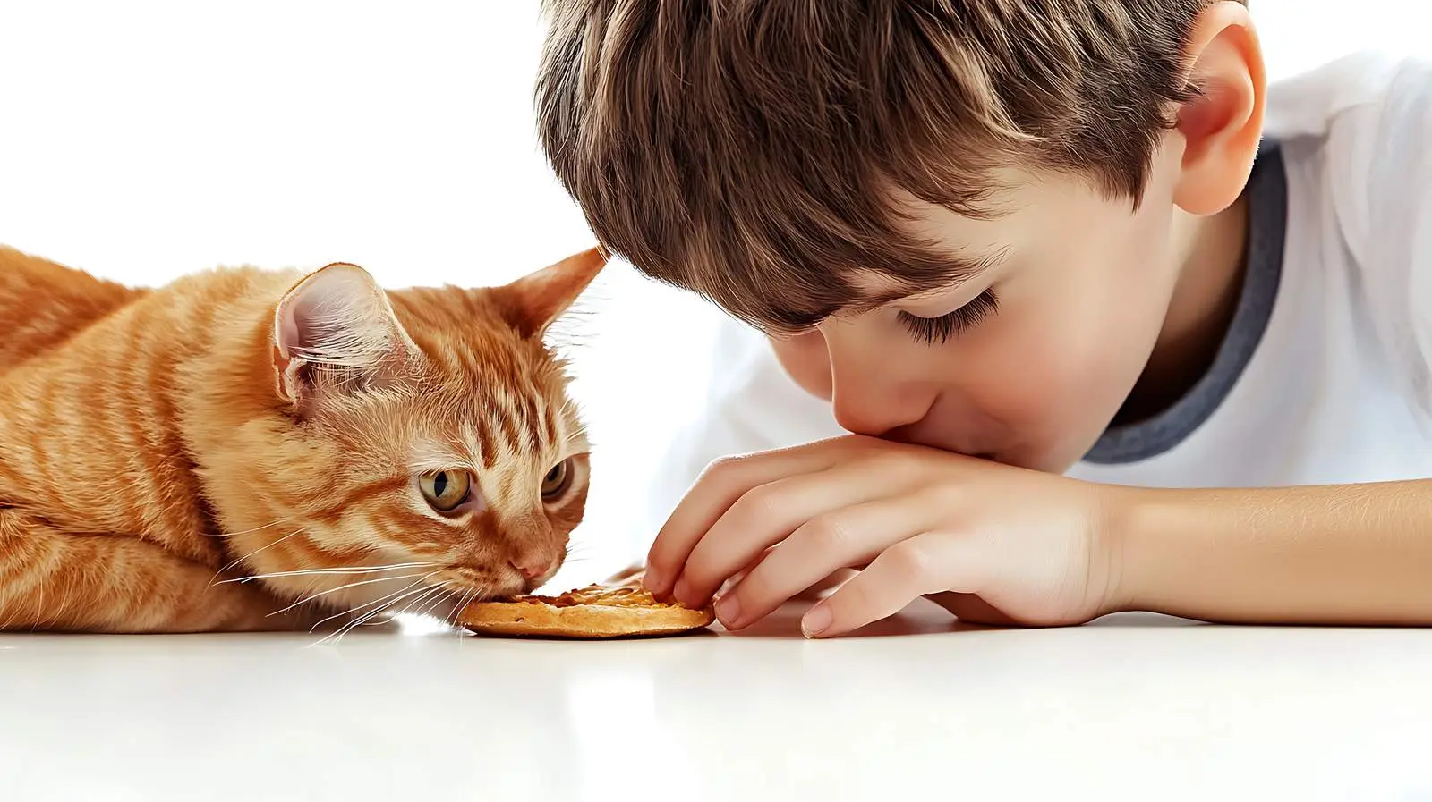 Cute Boy with Cat and Snack on White Background – free cute animal image from Dotvec