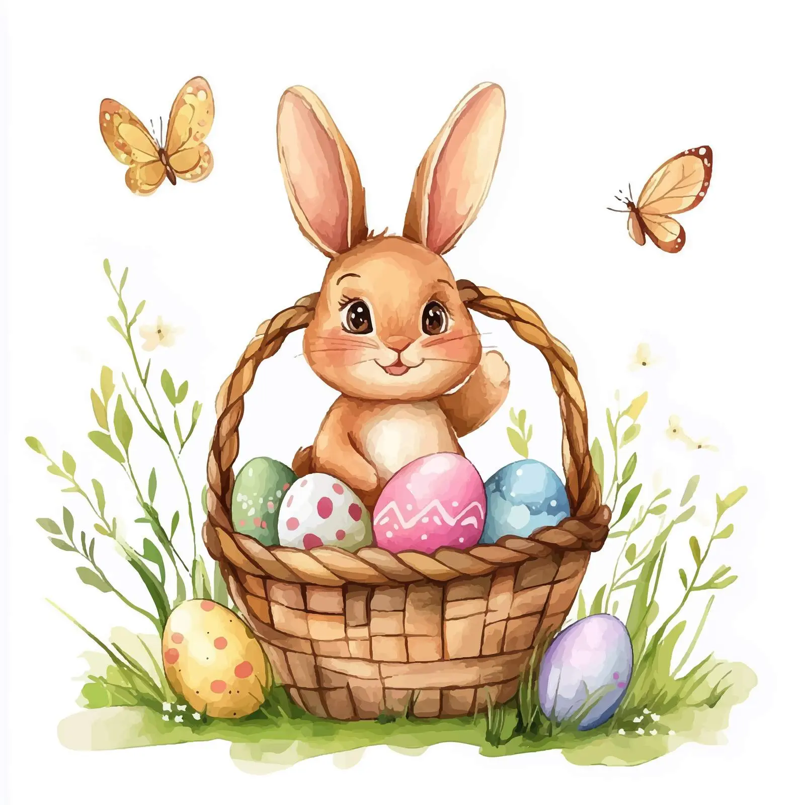 Cute Bunny Basket with Easter Eggs and Butterflies — free download from Dotvec