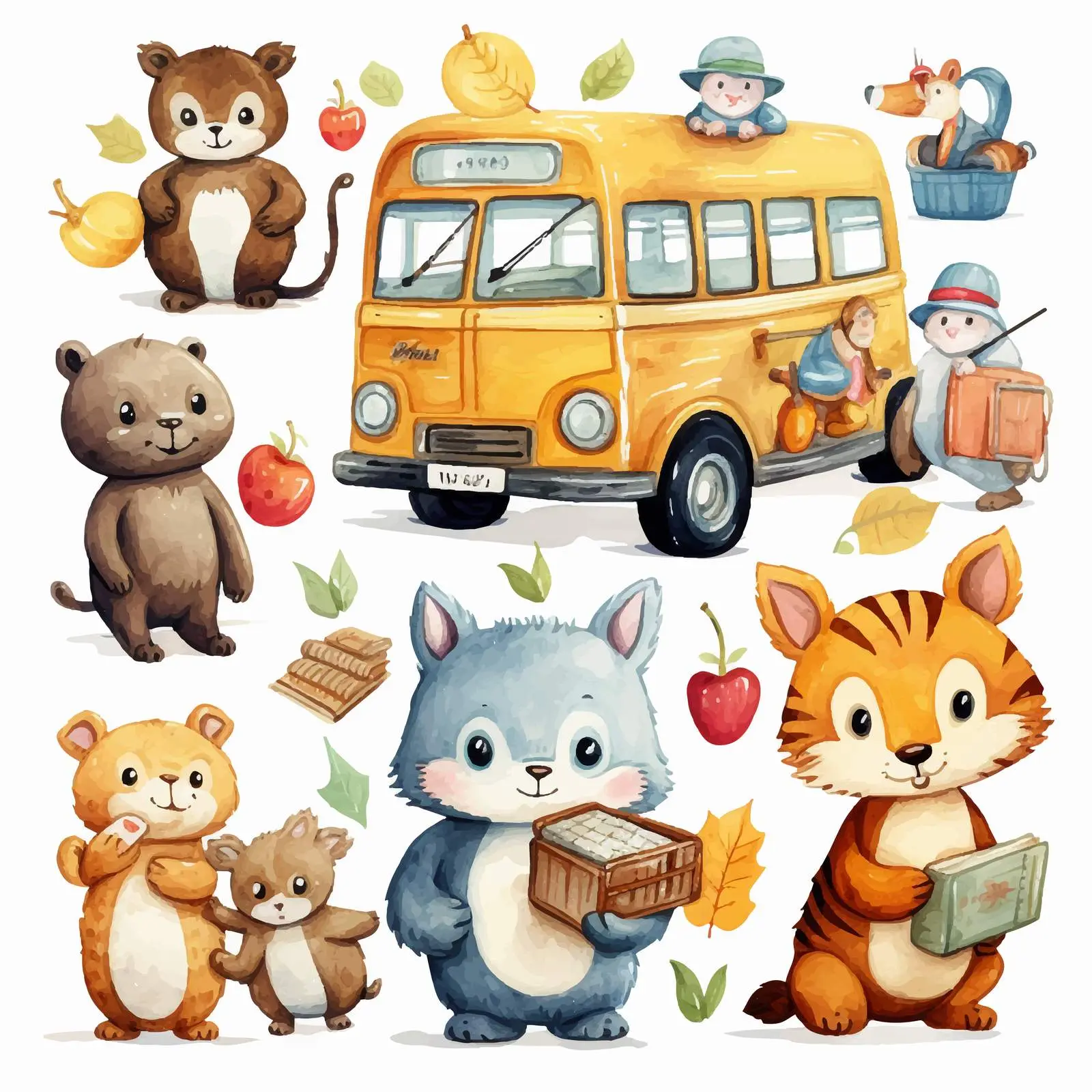 Cute Animal Vectors with School Bus and Supplies – free educational vector image from Dotvec