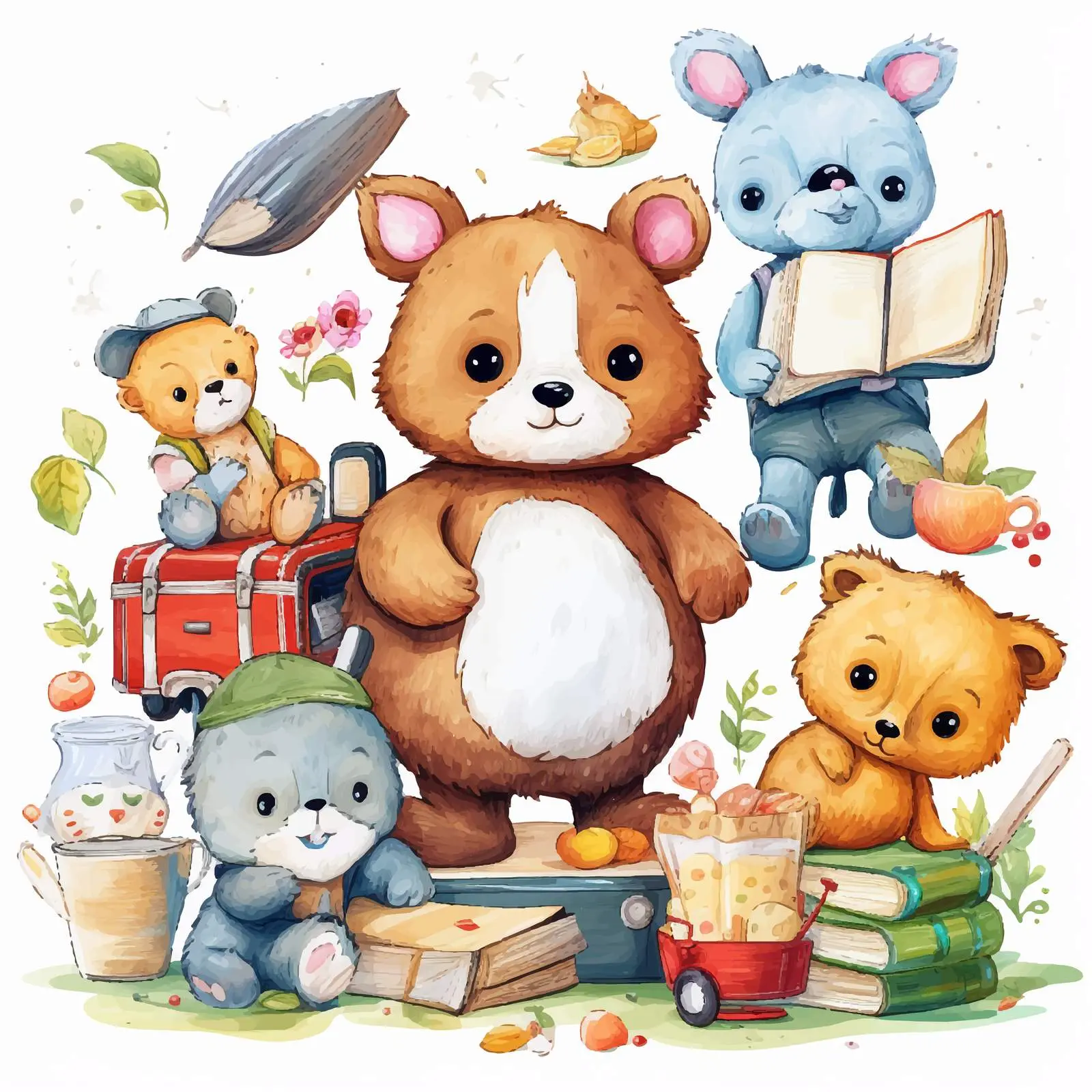 Cute Animal Characters with School Bus and Supplies – free pencils image from Dotvec