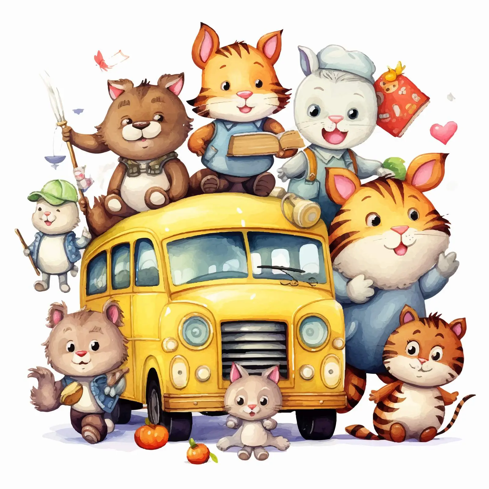 Cute Animal Vectors with School Bus and Supplies — free download from Dotvec
