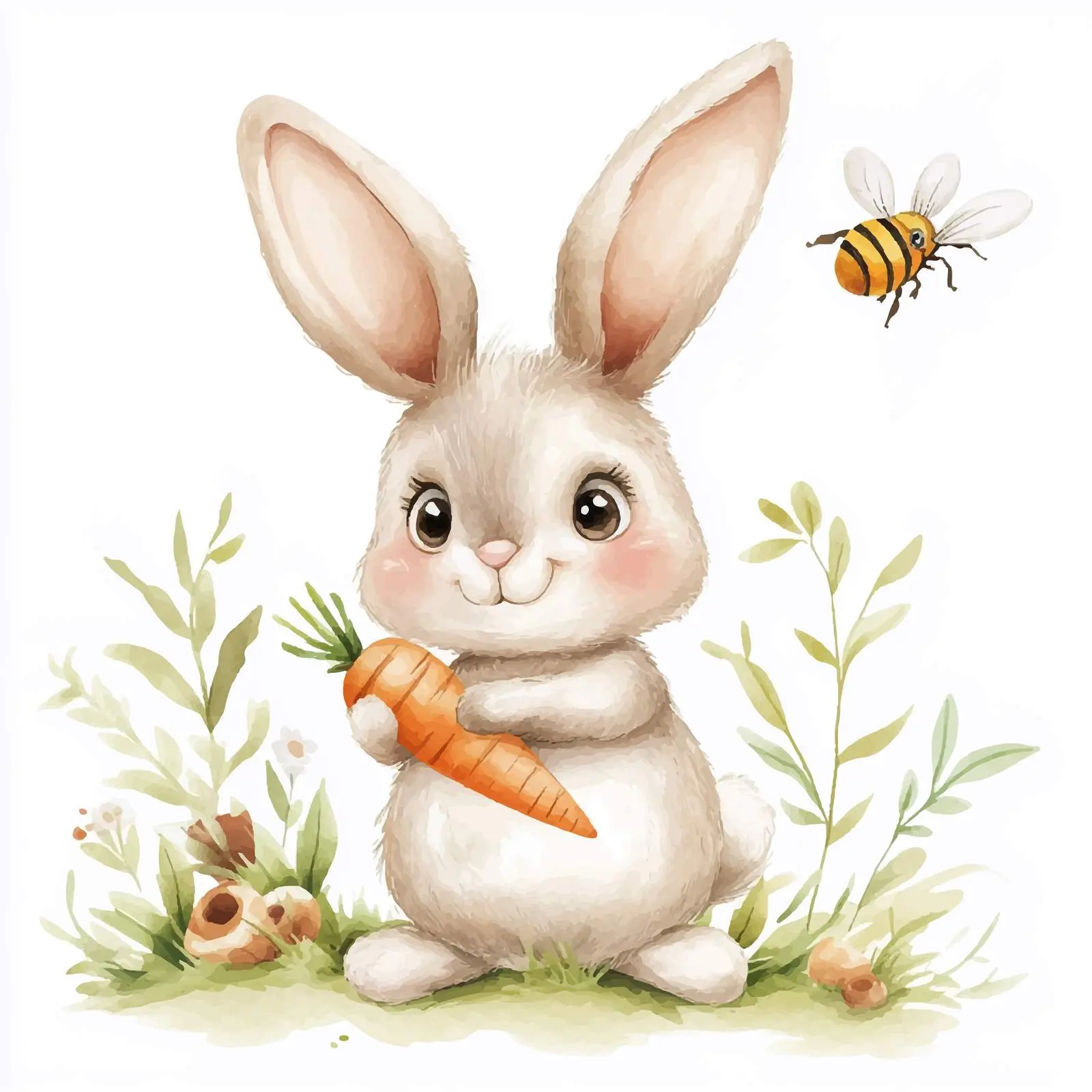 Cute Bunny Holding Carrot with Bee and Plants – free carrot image from Dotvec