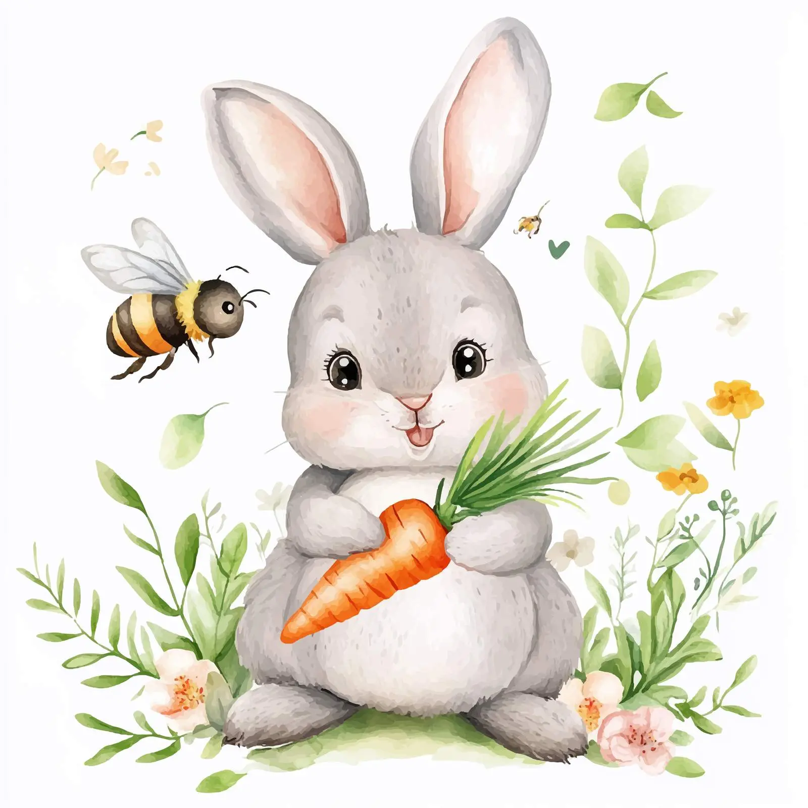 Cute Bunny Holding Carrot with Bee and Plants – free carrot image from Dotvec