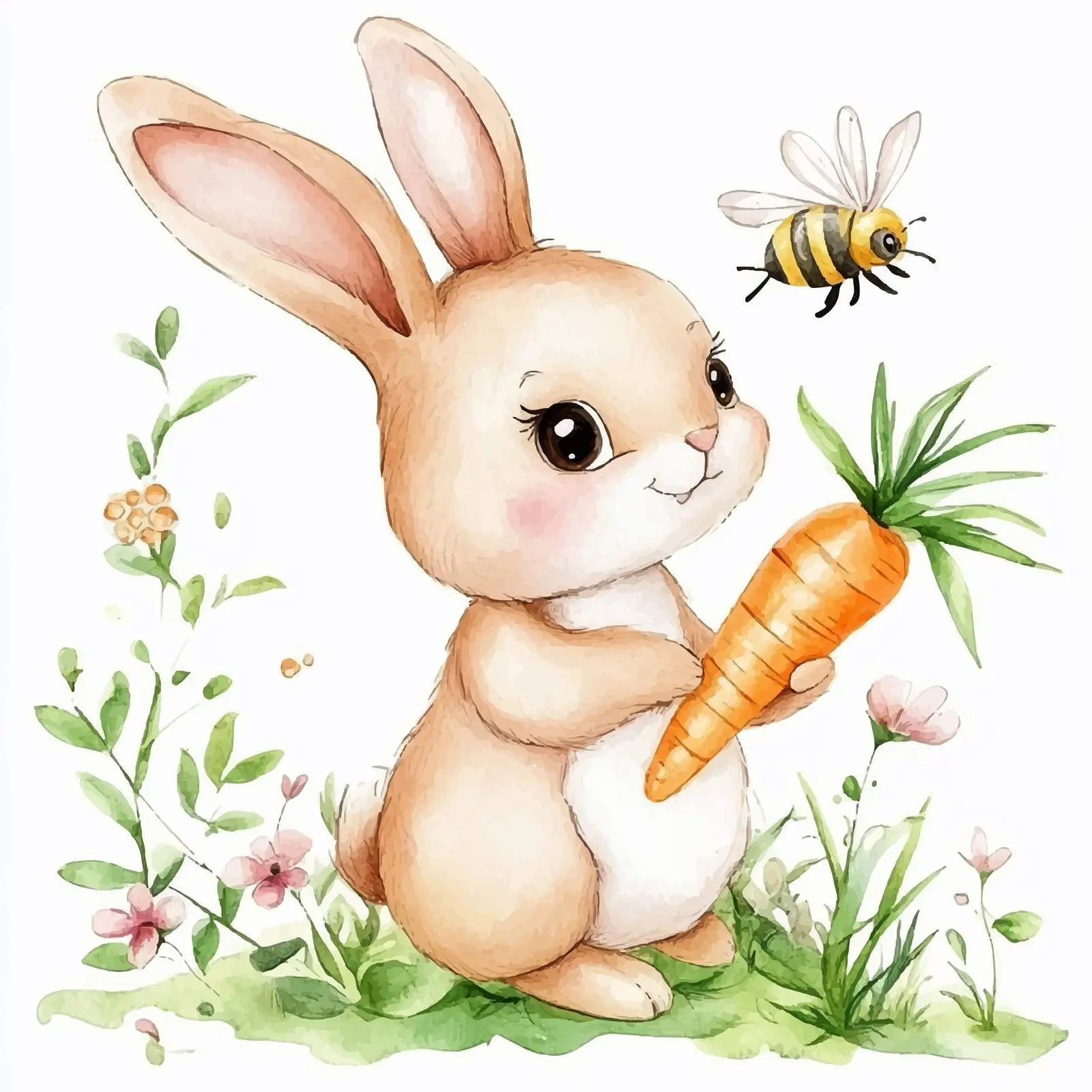 Cute Bunny with Carrot and Bees Vector Art – free carrot image from Dotvec