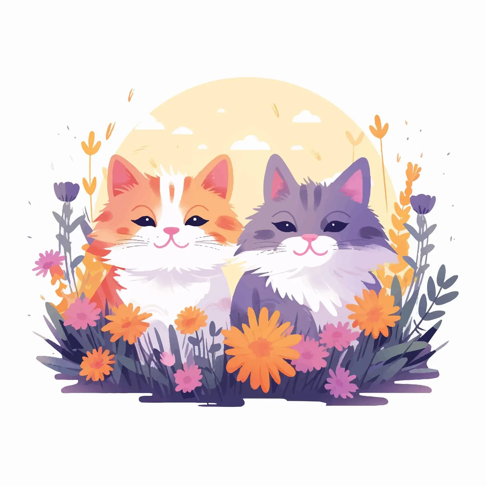 Cute Cats Relaxing in Summer Flowers – free felines image from Dotvec
