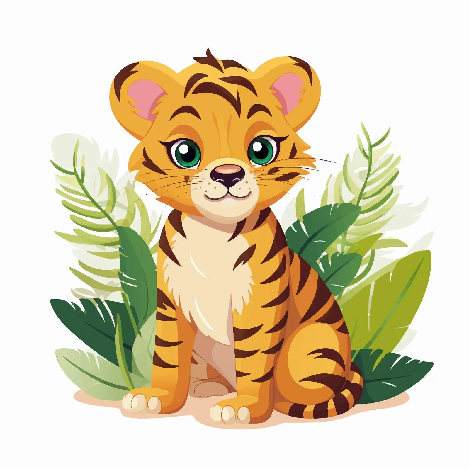 Cute Tiger Cub Surrounded by Jungle Plants — free download from Dotvec
