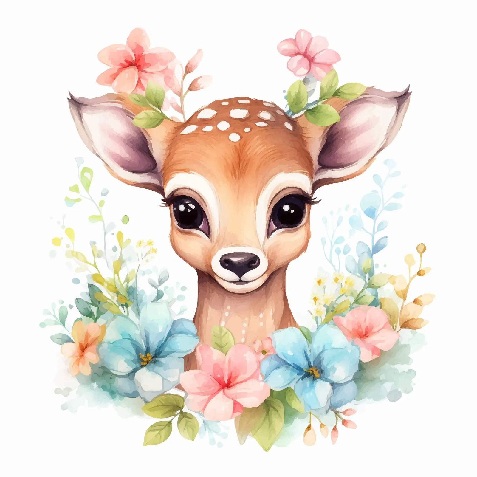 Cute Doodle Style Deer with Watercolor Flower – free sketch illustration image from Dotvec