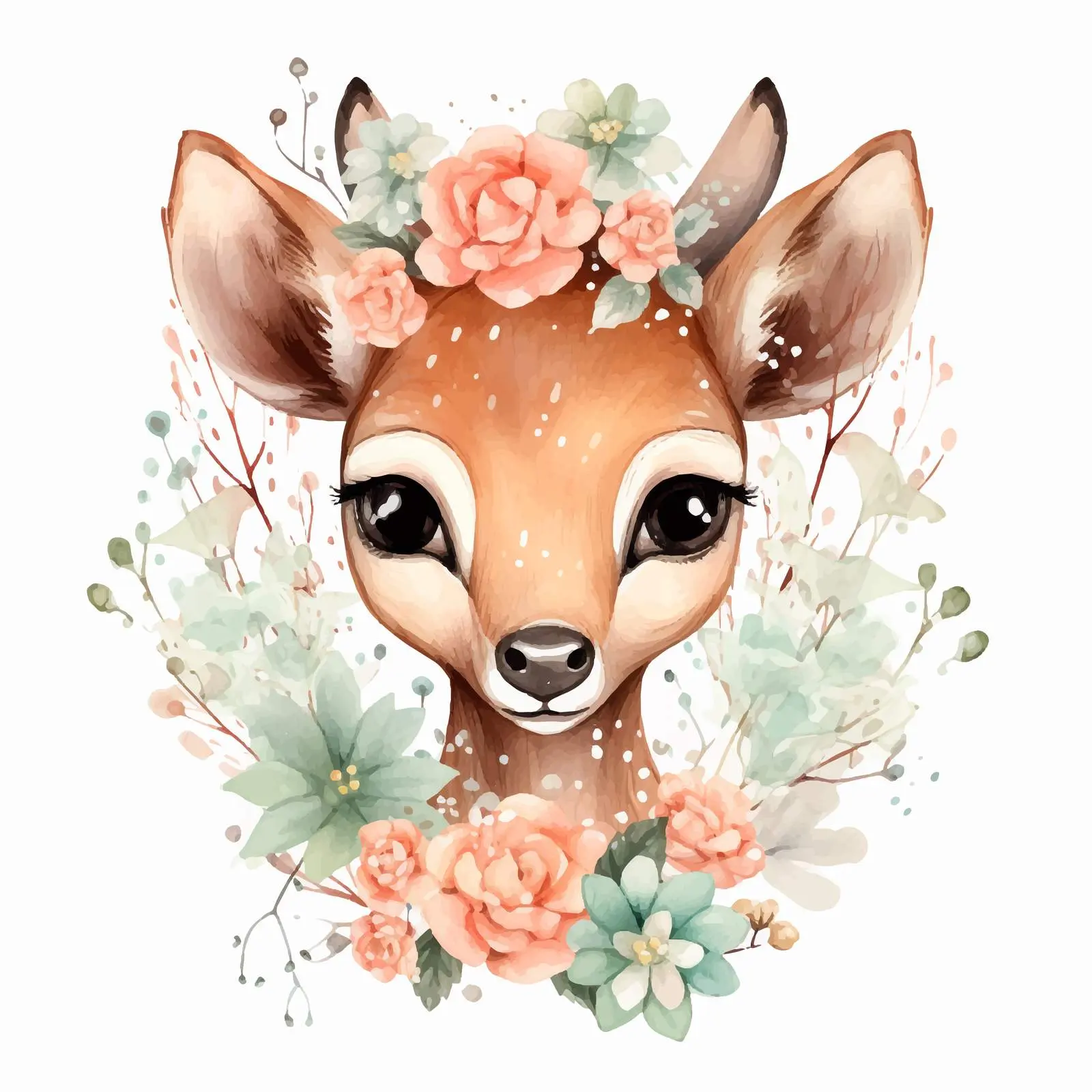 Doodle Style Cute Deer with Watercolor Flower — free download from Dotvec