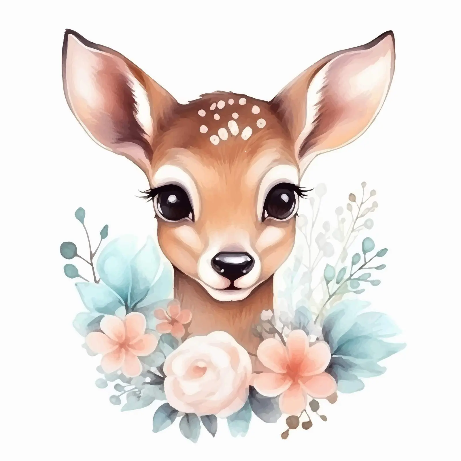 Cute Doodle Style Deer with Watercolor Flower — free download from Dotvec