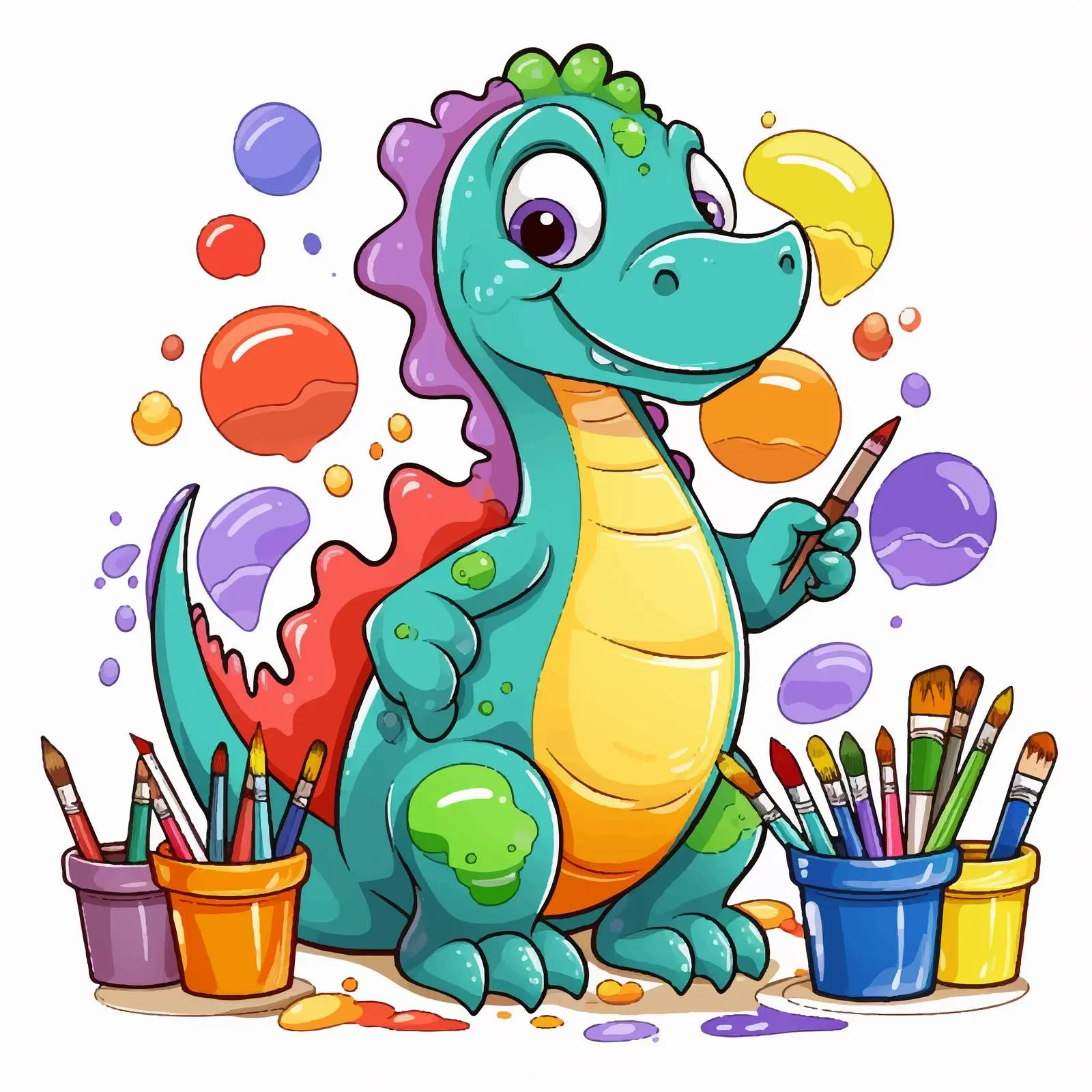 Cute Dinosaur Drawing with Paint Supplies — free download from Dotvec