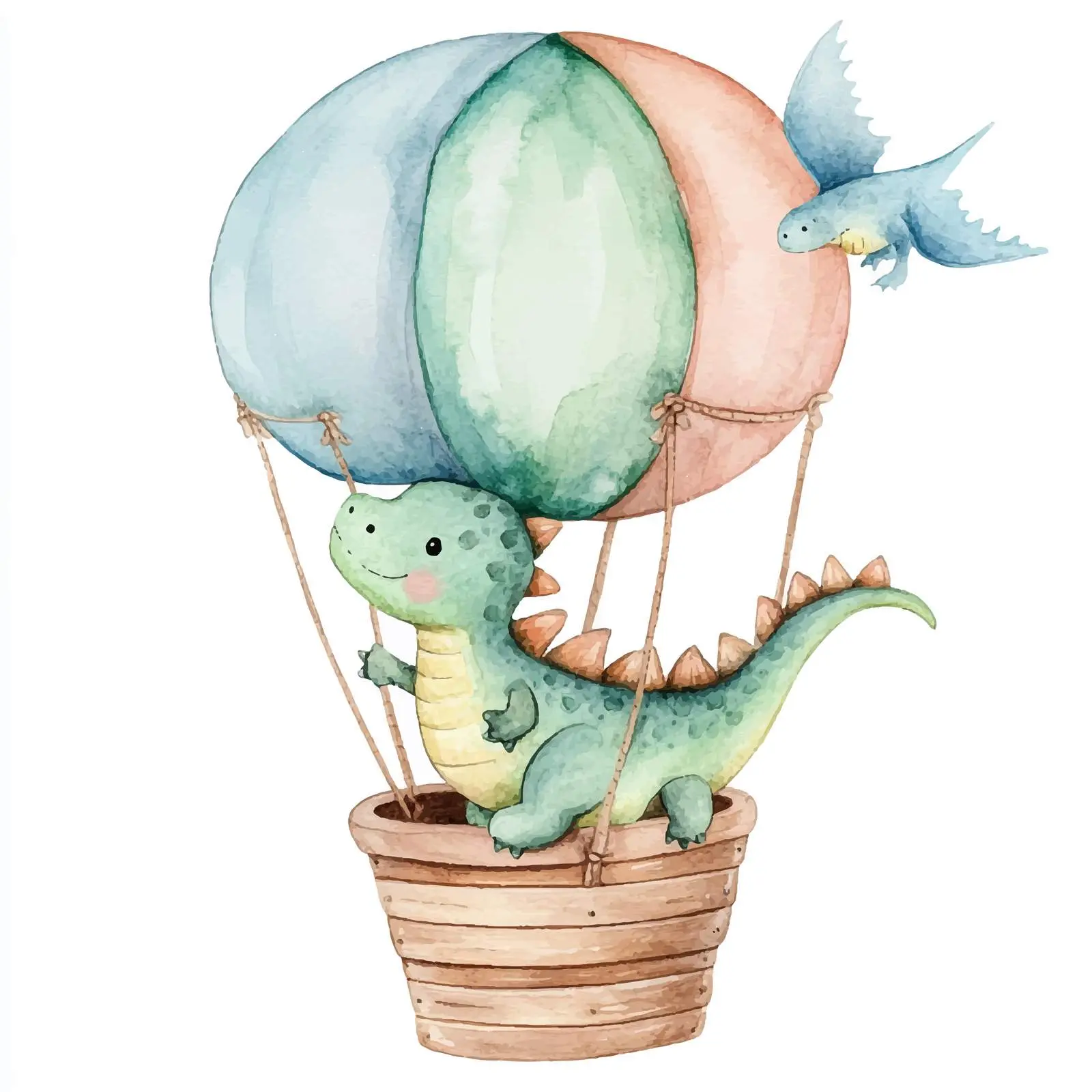 Cute Dinosaur Flying in Balloon Watercolor Clipart – free fun decor image from Dotvec