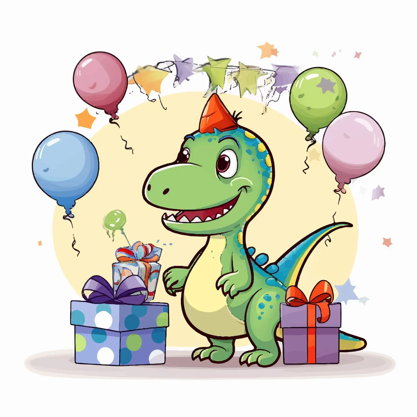 Cute Dinosaur Birthday Gift Vector with Balloons – free cartoon characters image from Dotvec