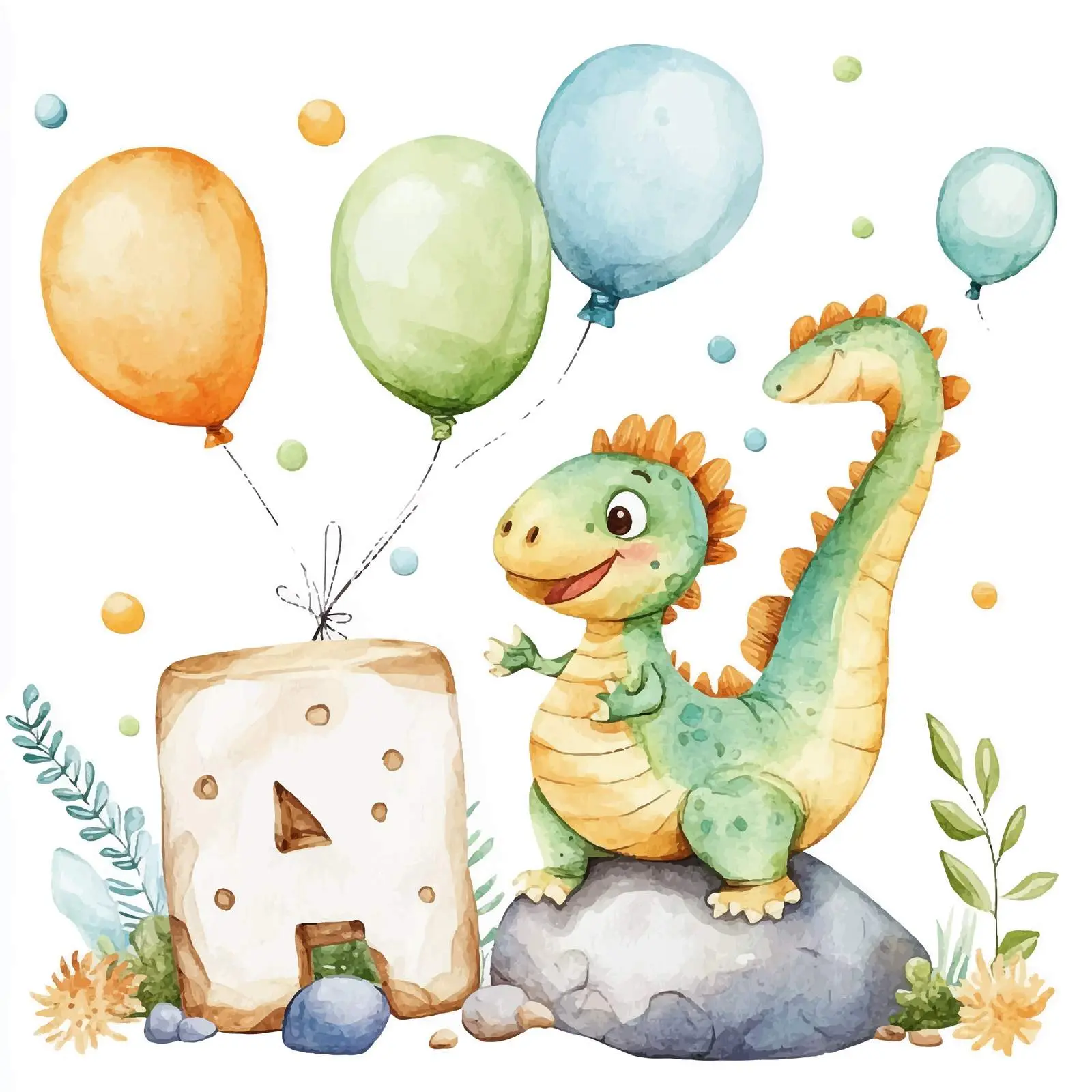 Cute Dinosaur Watercolor Clipart with Balloons – free dinosaur theme image from Dotvec