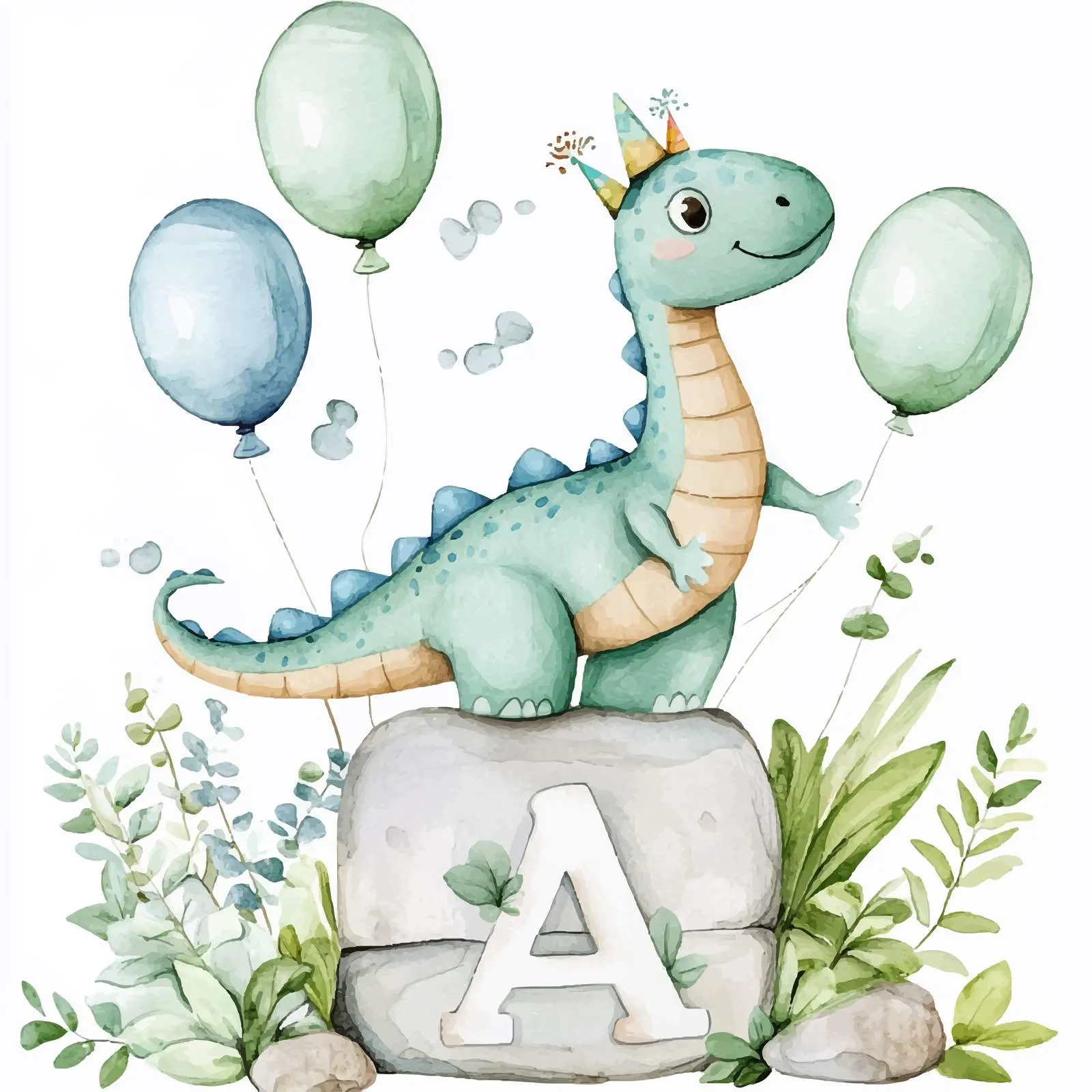 Cute Dinosaur Watercolor Clipart with Balloons — free download from Dotvec