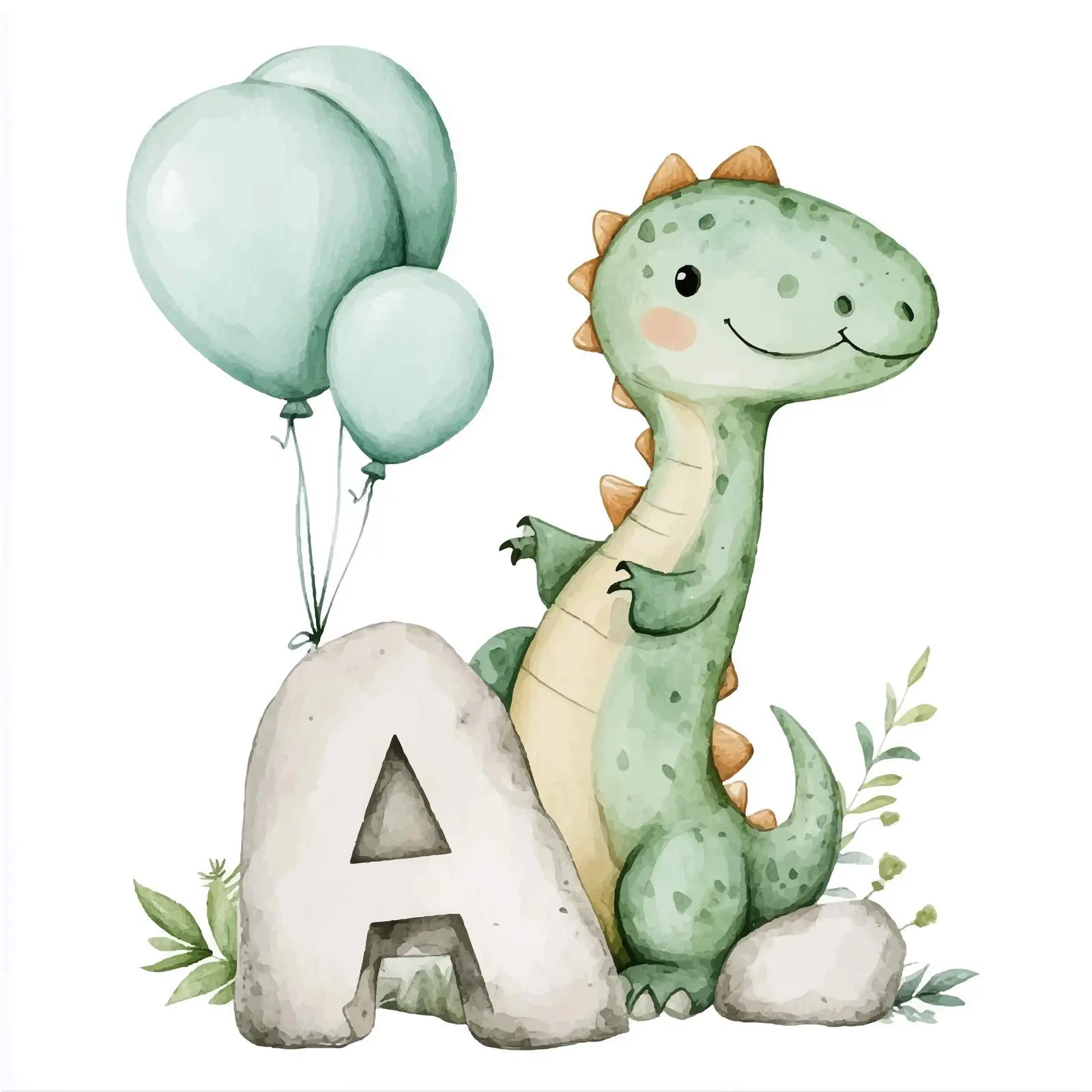 Cute Dinosaur Watercolor Clipart with Balloons — free download from Dotvec