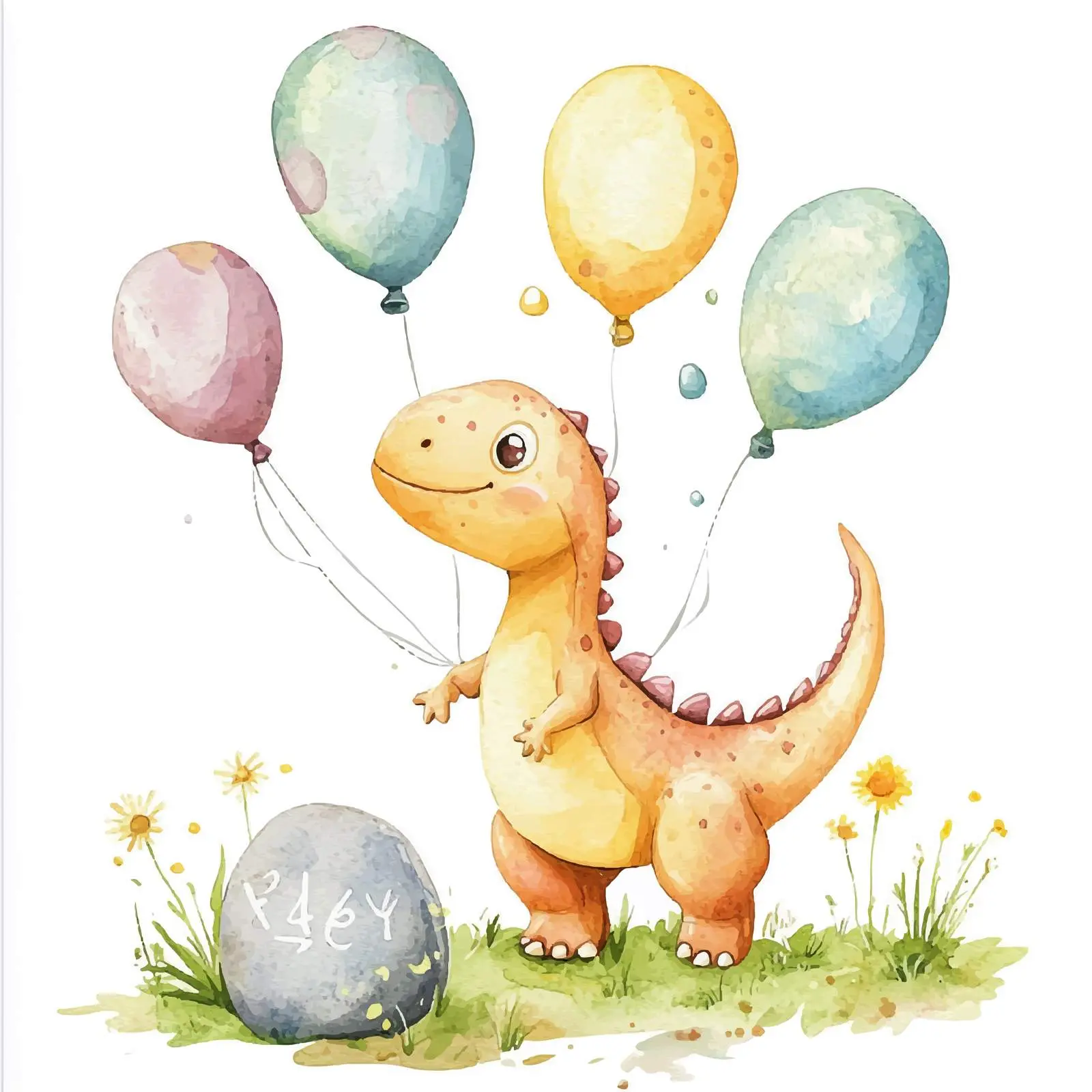Cute Dinosaur Watercolor Clipart with Balloons – free dinosaur theme image from Dotvec