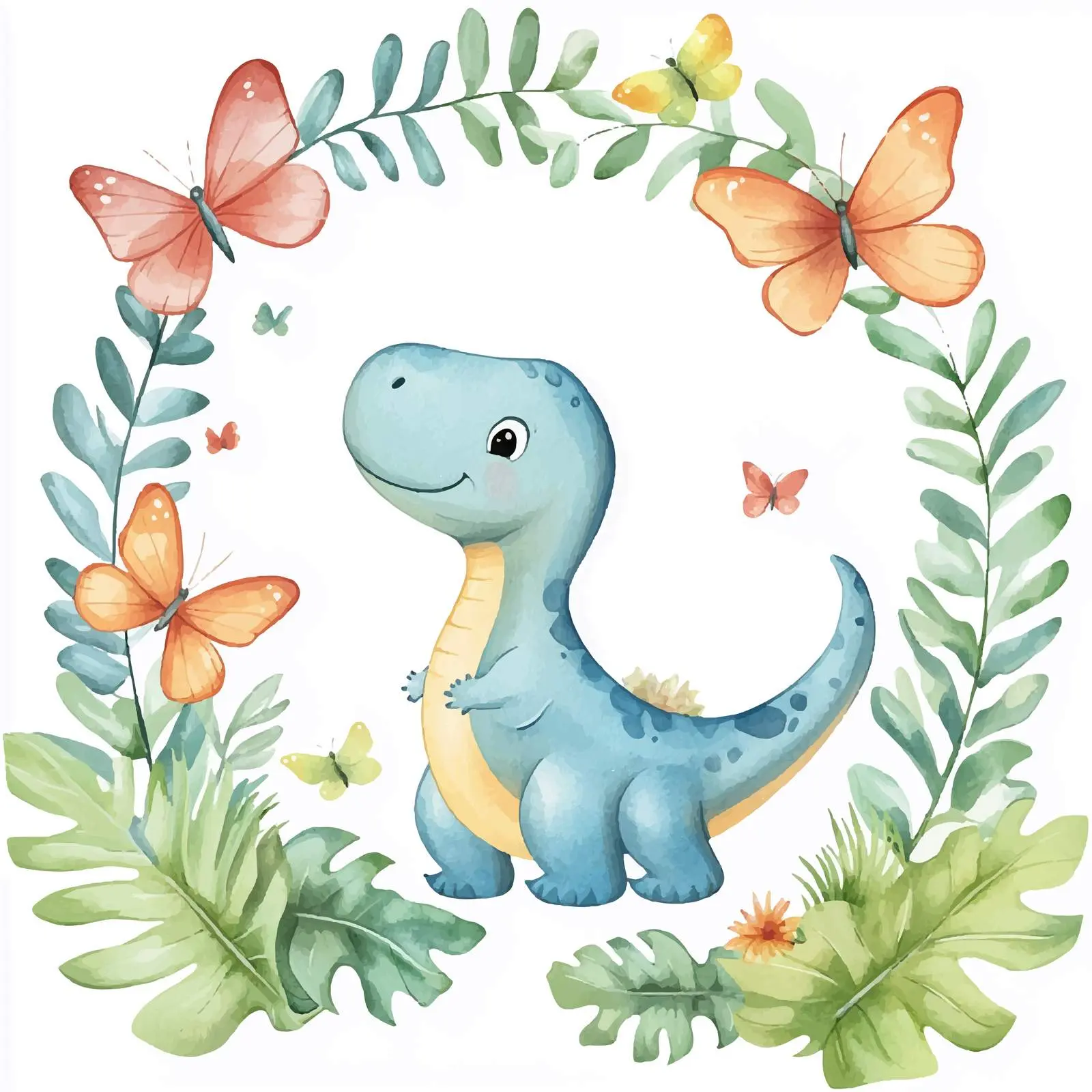 Cute Dinosaur Surrounded by Colorful Butterflies — free download from Dotvec