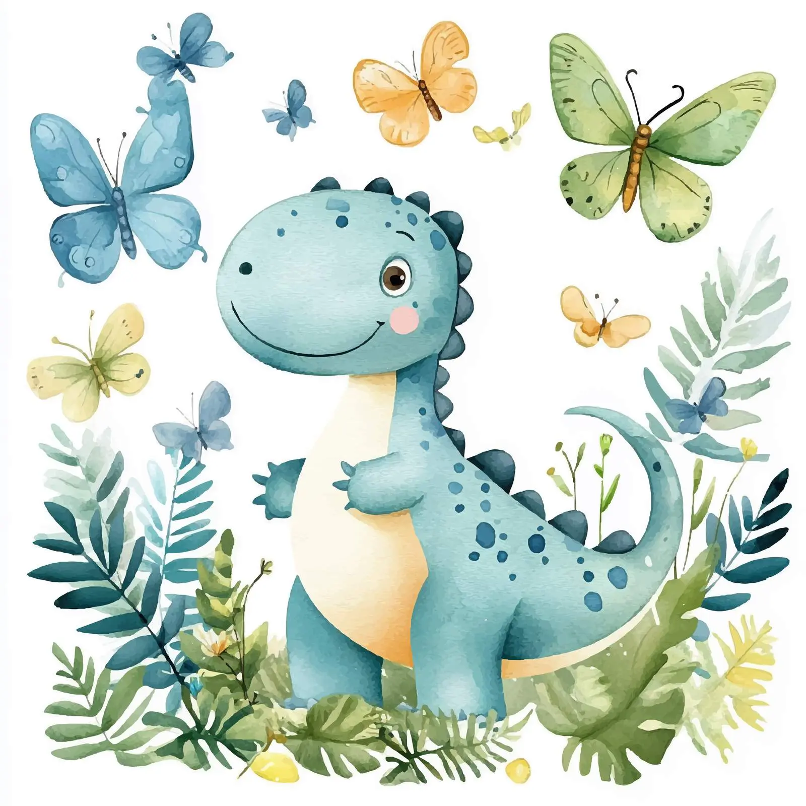 Cute Dinosaur Surrounded by Butterflies and Plants – free fantasy world image from Dotvec
