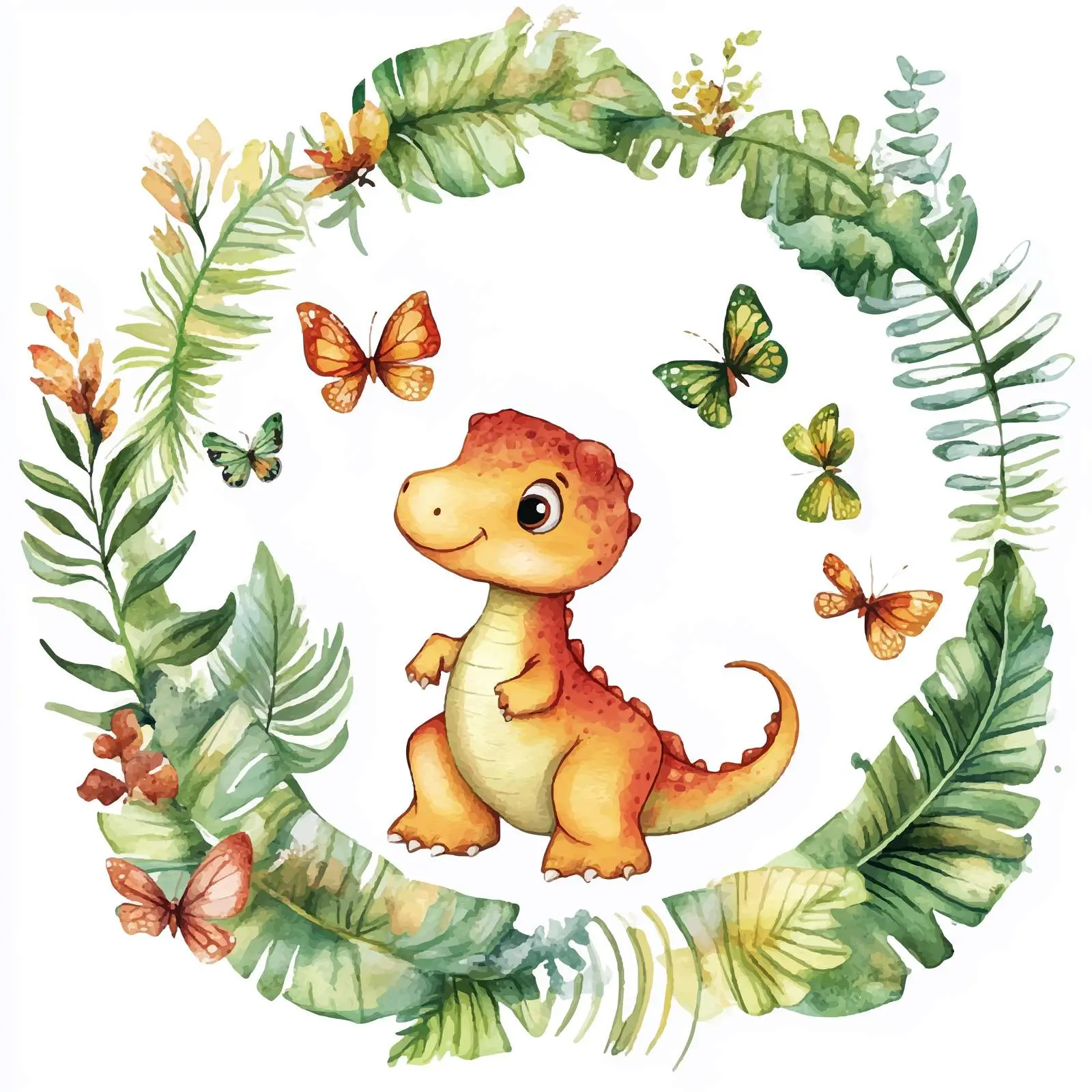 Cute Dinosaur Surrounded by Butterflies and Plants — free download from Dotvec