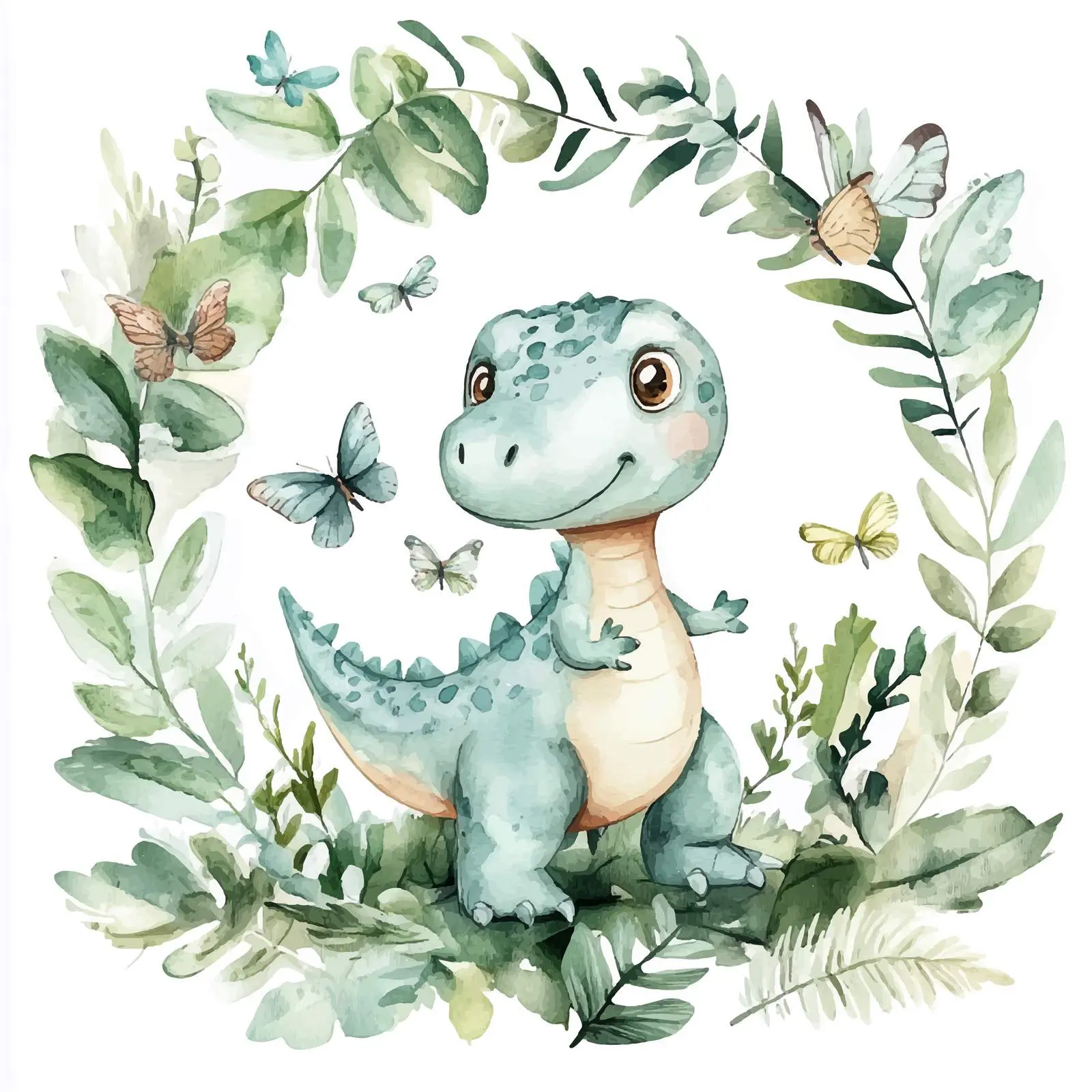 Cute Dinosaur with Butterflies and Plants – free dinosaur theme image from Dotvec