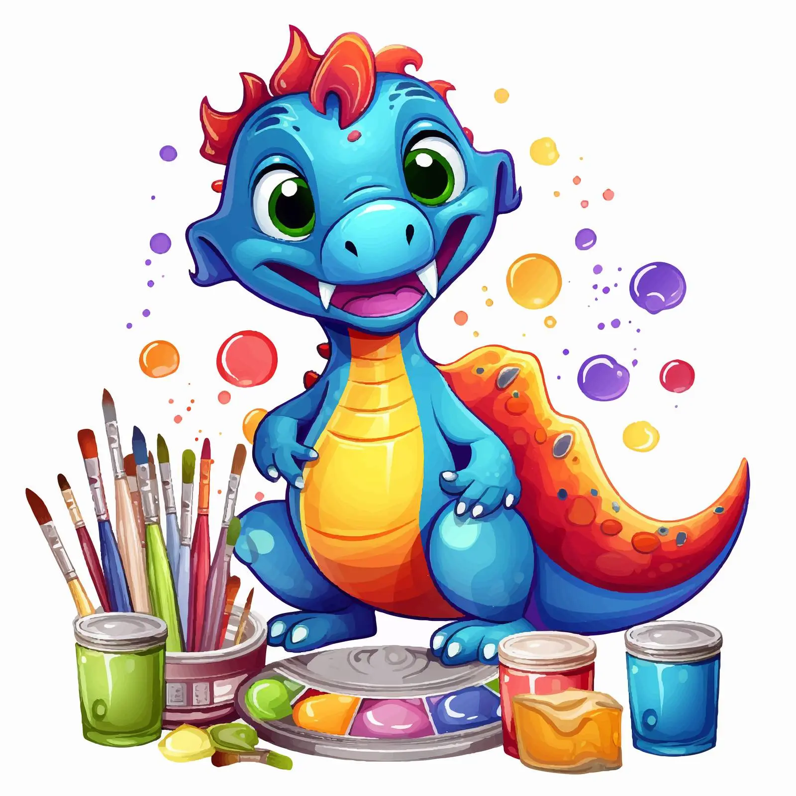Cute Dinosaur Cartoon with Painting Supplies — free download from Dotvec