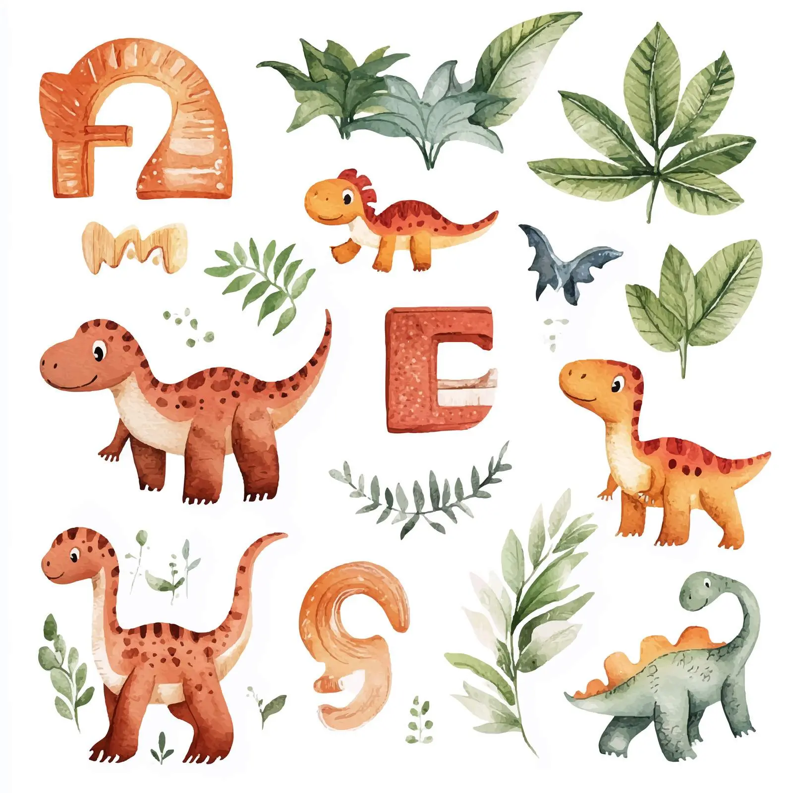 Cute Dinosaurs with Tropical Leaves Design — free download from Dotvec