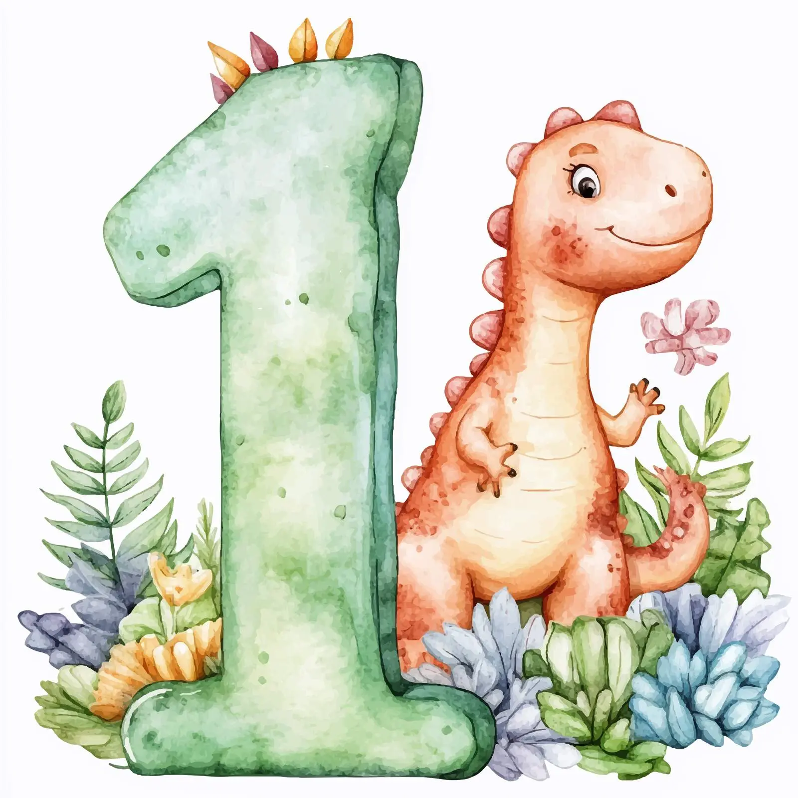 Cute Dinosaurs Happy Birthday Number One Watercolor — free download from Dotvec