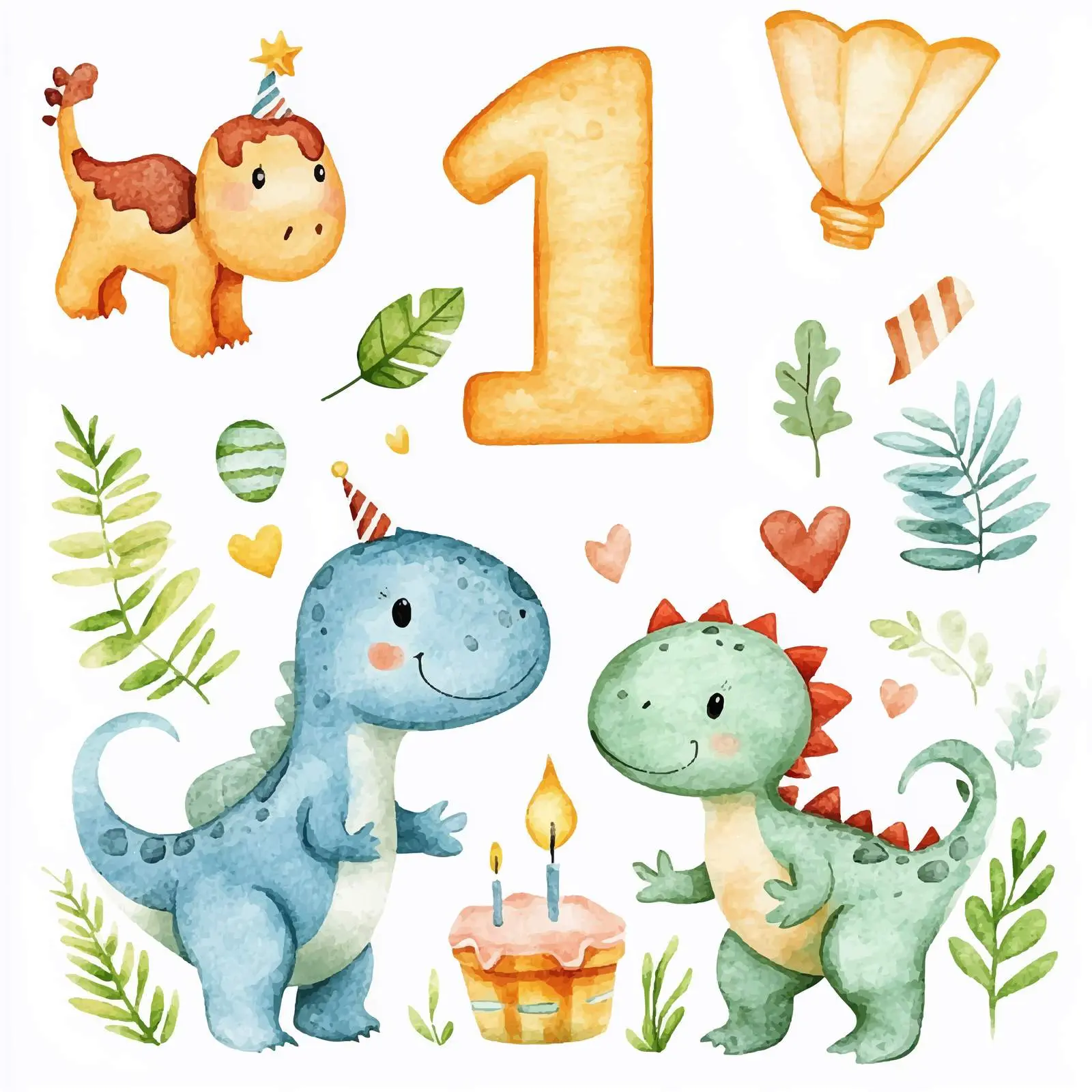 Happy Birthday Cute Dinosaurs Watercolor Vector – free dinosaur theme image from Dotvec