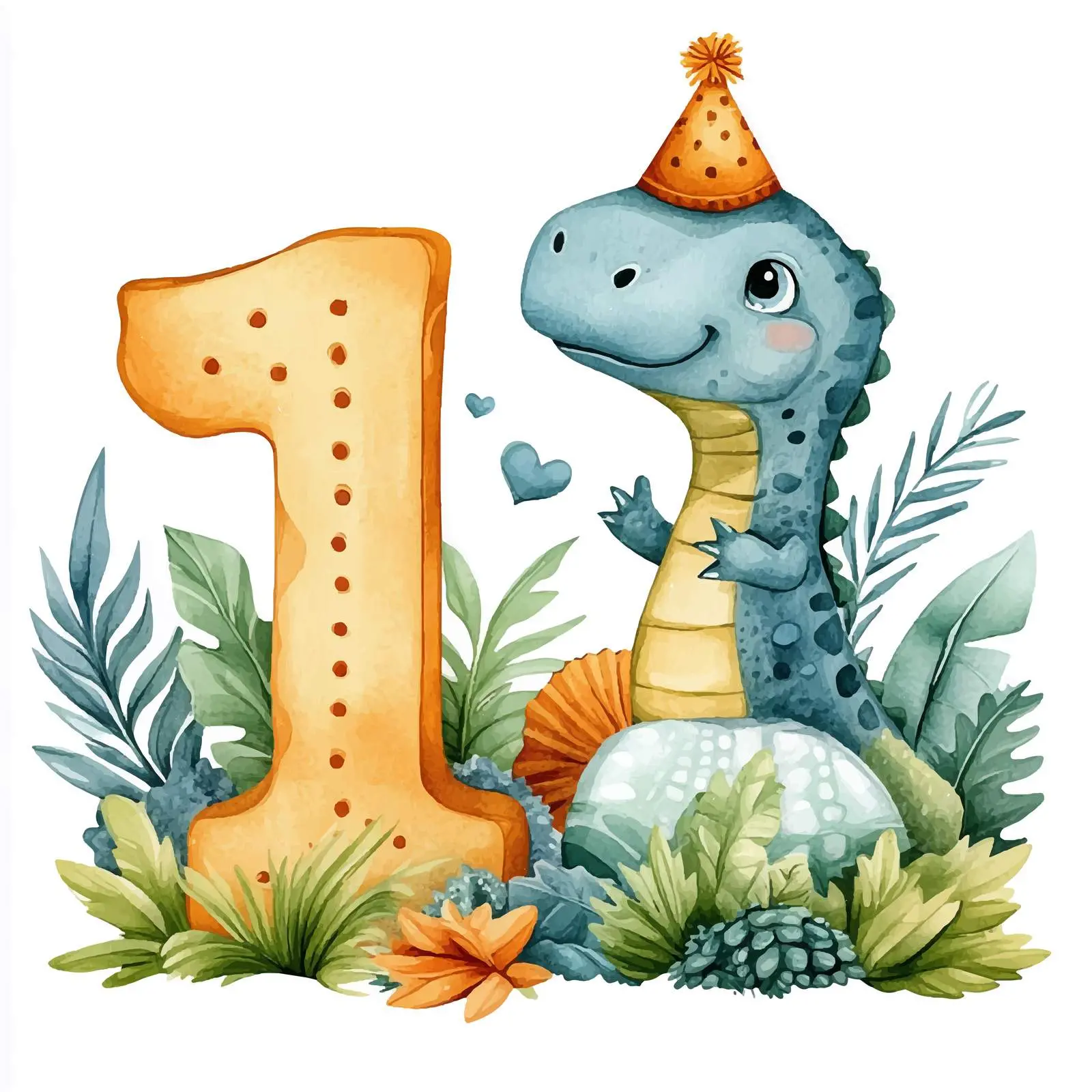 Happy Birthday Cute Dinosaurs with Number One – free dinosaur theme image from Dotvec