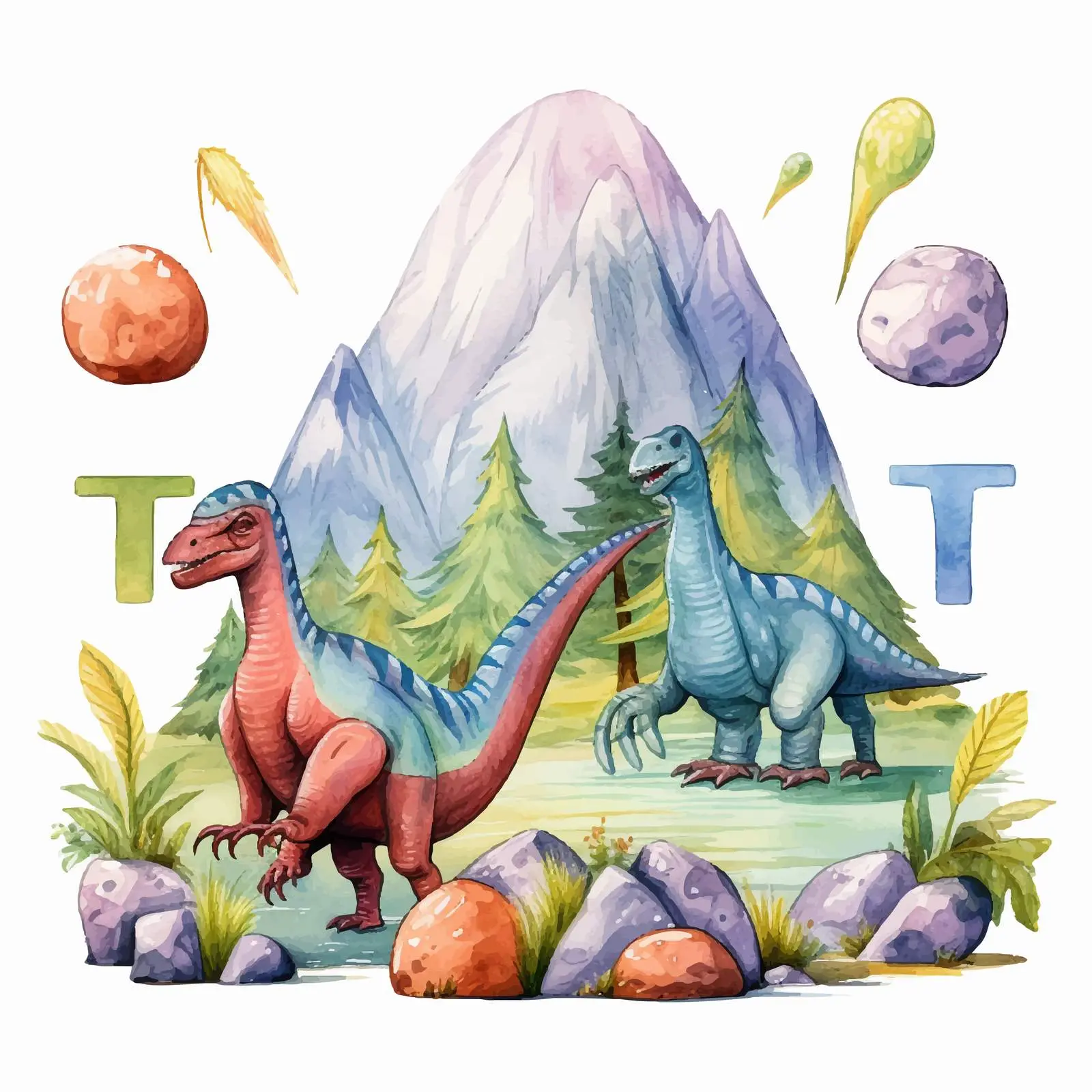 Cute Dinosaurs with Letters in a Mountain Scene – free educational vector image from Dotvec