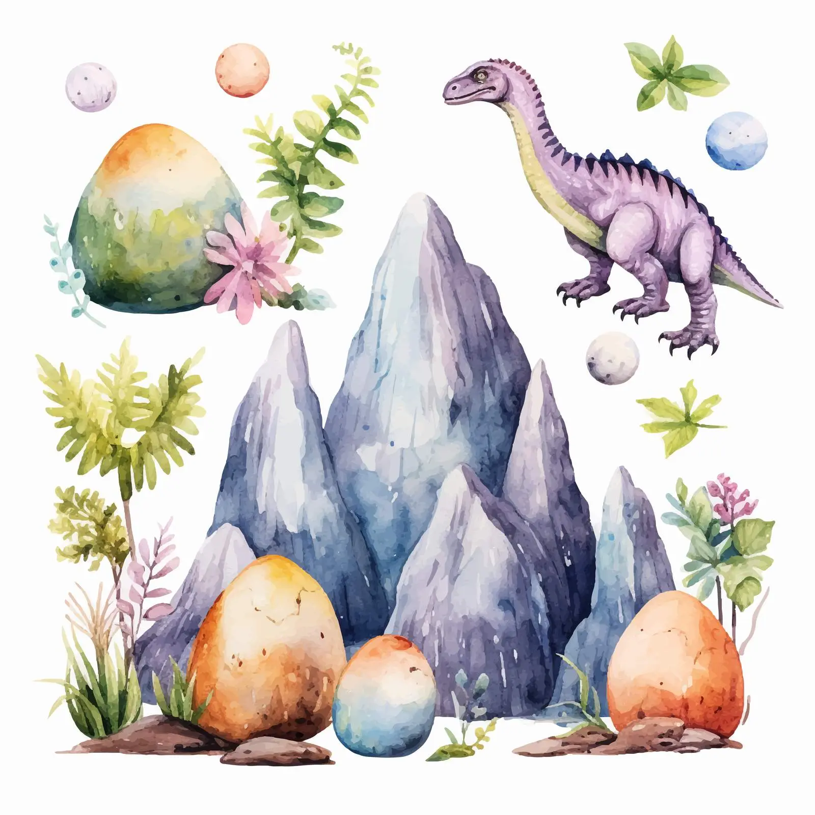 Cute Dinosaurs in Watercolor with Mountains – free dinosaur theme image from Dotvec