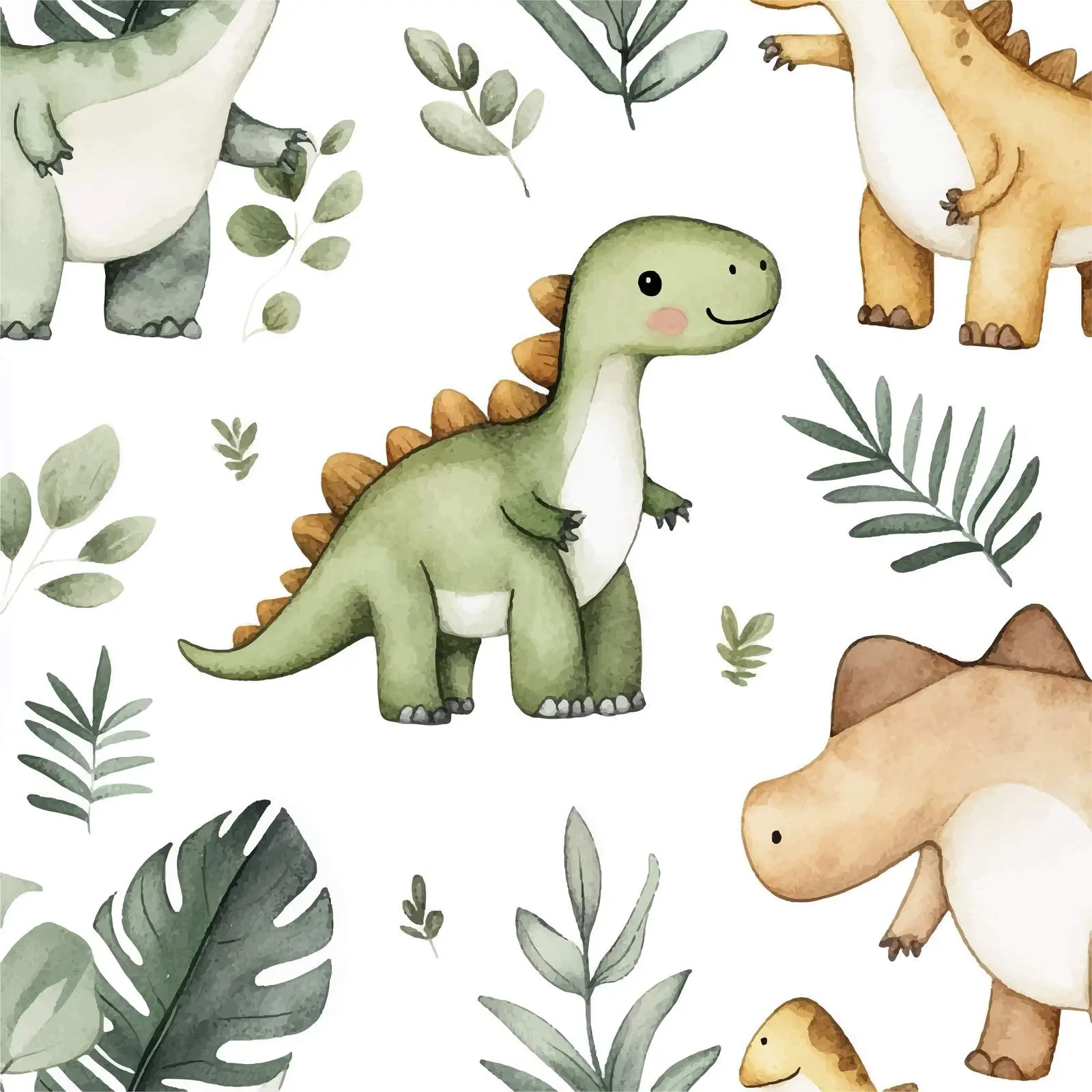 Cute Dinosaurs with Tropical Plants Watercolor — free download from Dotvec