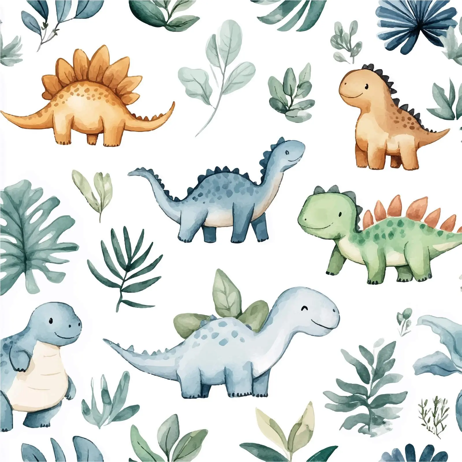 Cute Dinosaurs with Tropical Plants Watercolor – free fun decor image from Dotvec