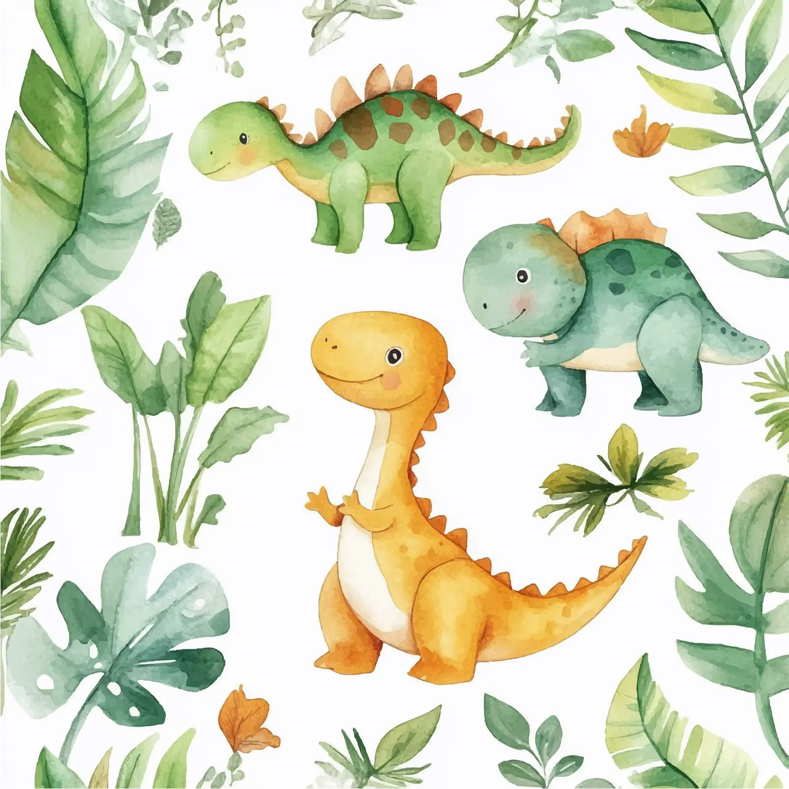 Cute Dinosaurs with Tropical Plants Watercolor Art – free dinosaur theme image from Dotvec