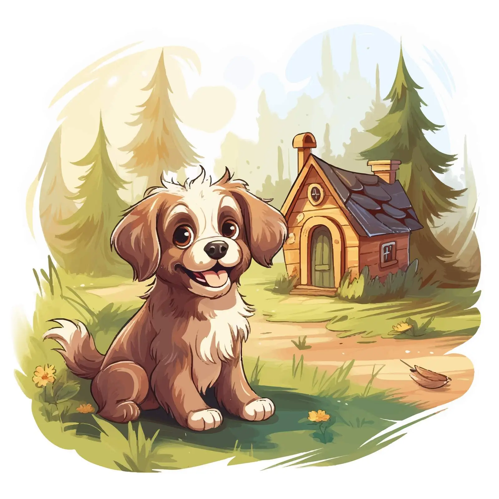 Cute Dog Sitting by Its House Surrounded by Trees – free rounded image from Dotvec