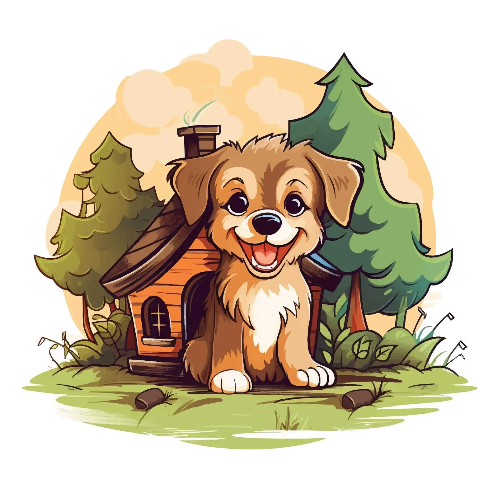 Cute Dog by House Surrounded by Trees – free rounded image from Dotvec