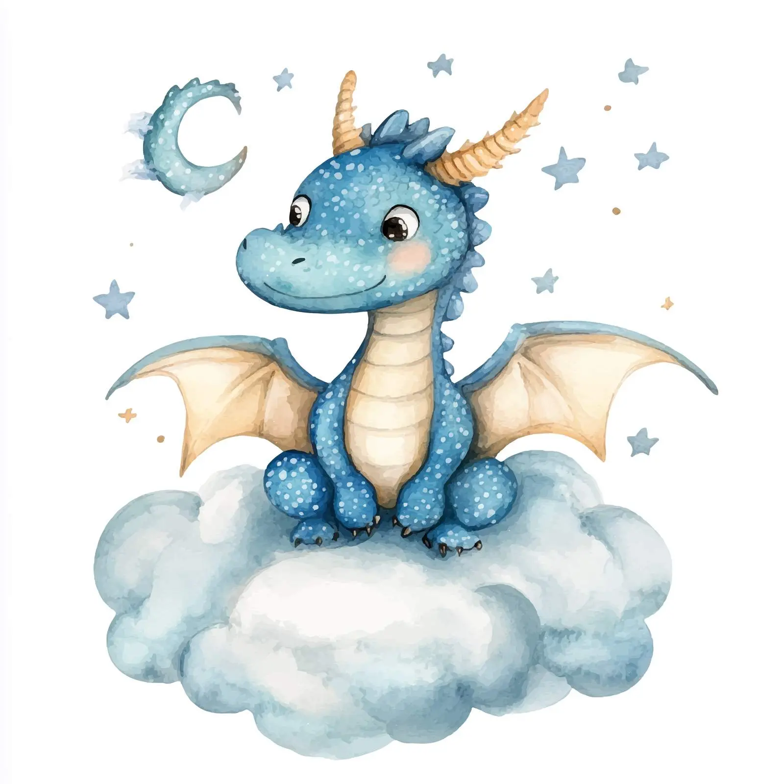 Cute Cartoon Dragon on Cloud Watercolor Clipart – free playful dragon image from Dotvec
