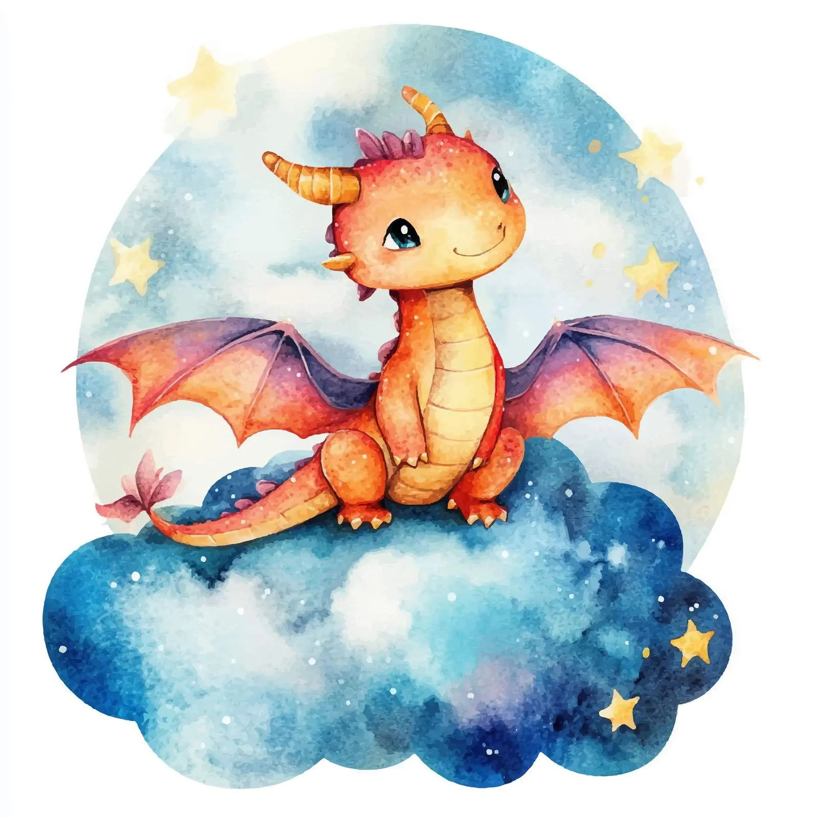 Cute Watercolor Dragon Sitting on Cloud – free playful dragon image from Dotvec