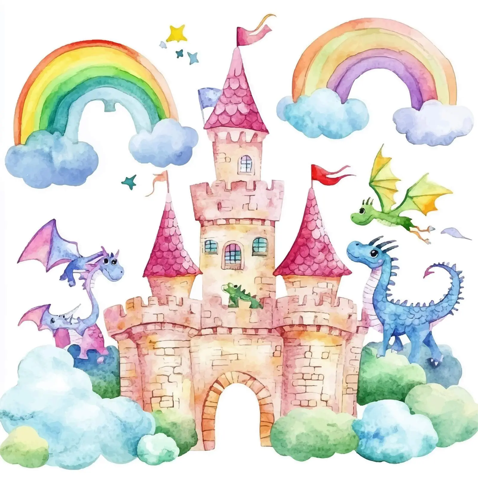 Cute Dragons at Castle with Rainbow and Clouds – free cartoon characters image from Dotvec