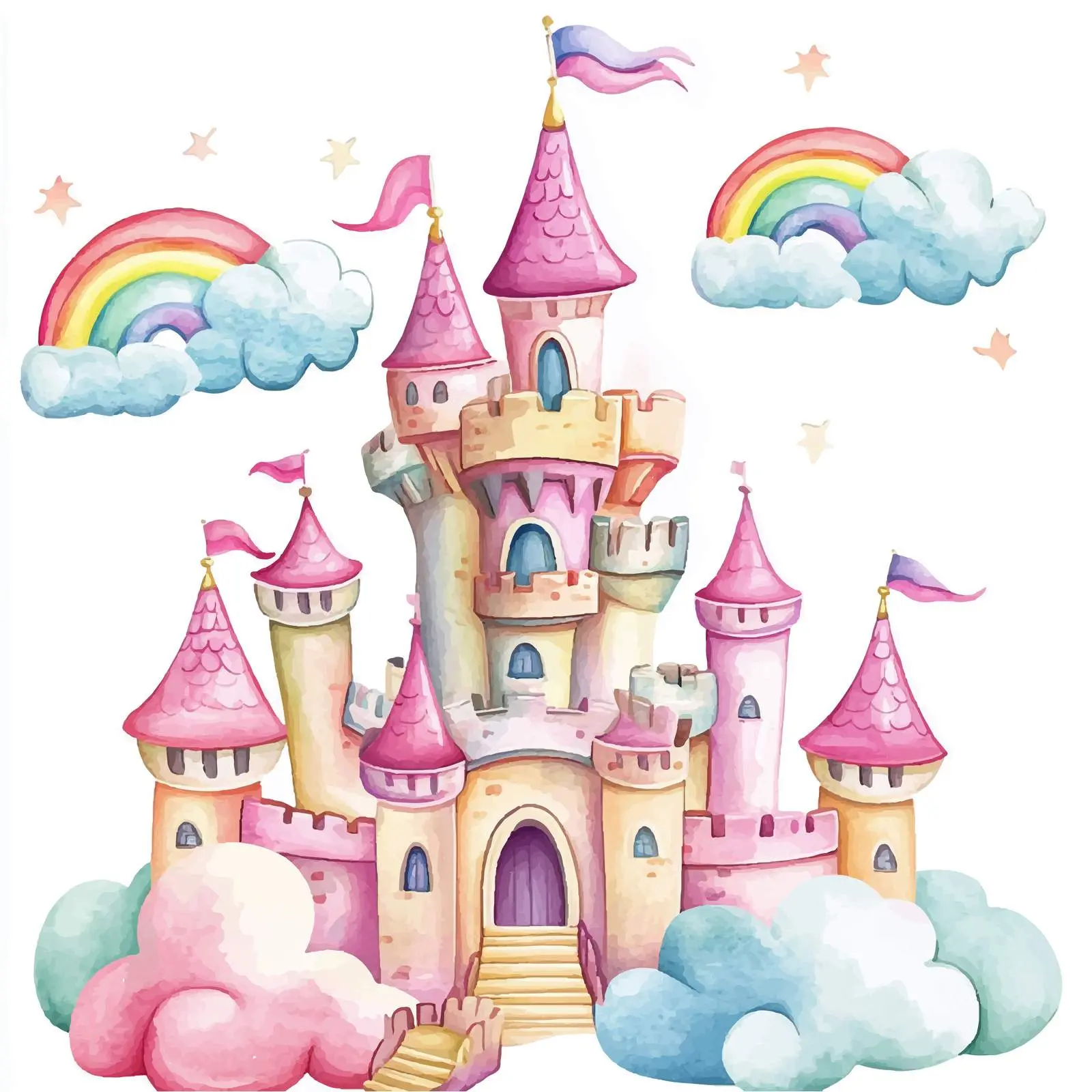 Colorful Cartoon Dragons in Castle with Rainbow – free fantasy world image from Dotvec